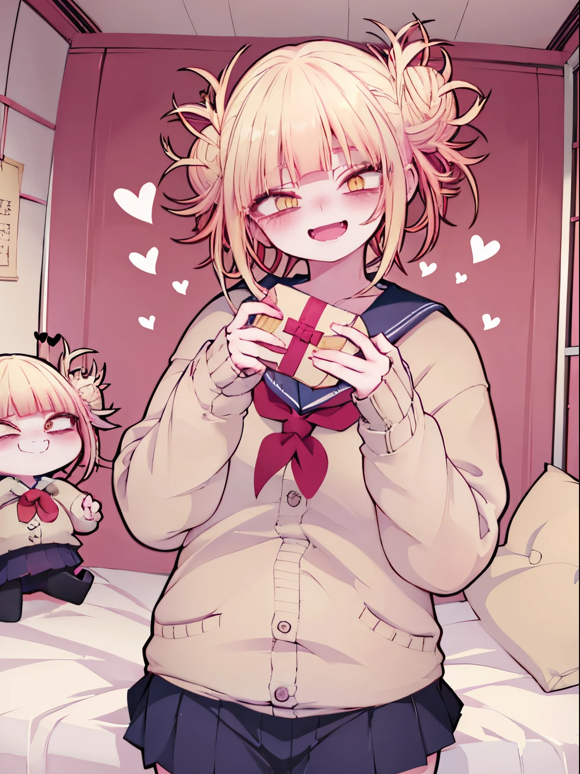 Himiko Toga, 1girl in, Solo, bags under eyes, blush, Open mouth, Box, Looking at Viewer, tusk, Holding, (Cardigan:1.2), Heart-shaped box, Evil smile, grinning evily, (Crazy smile:1.2), crass room, Long sleeves, tusk, gift, heart mark, Upper body, blue sailor collar, holding gift
