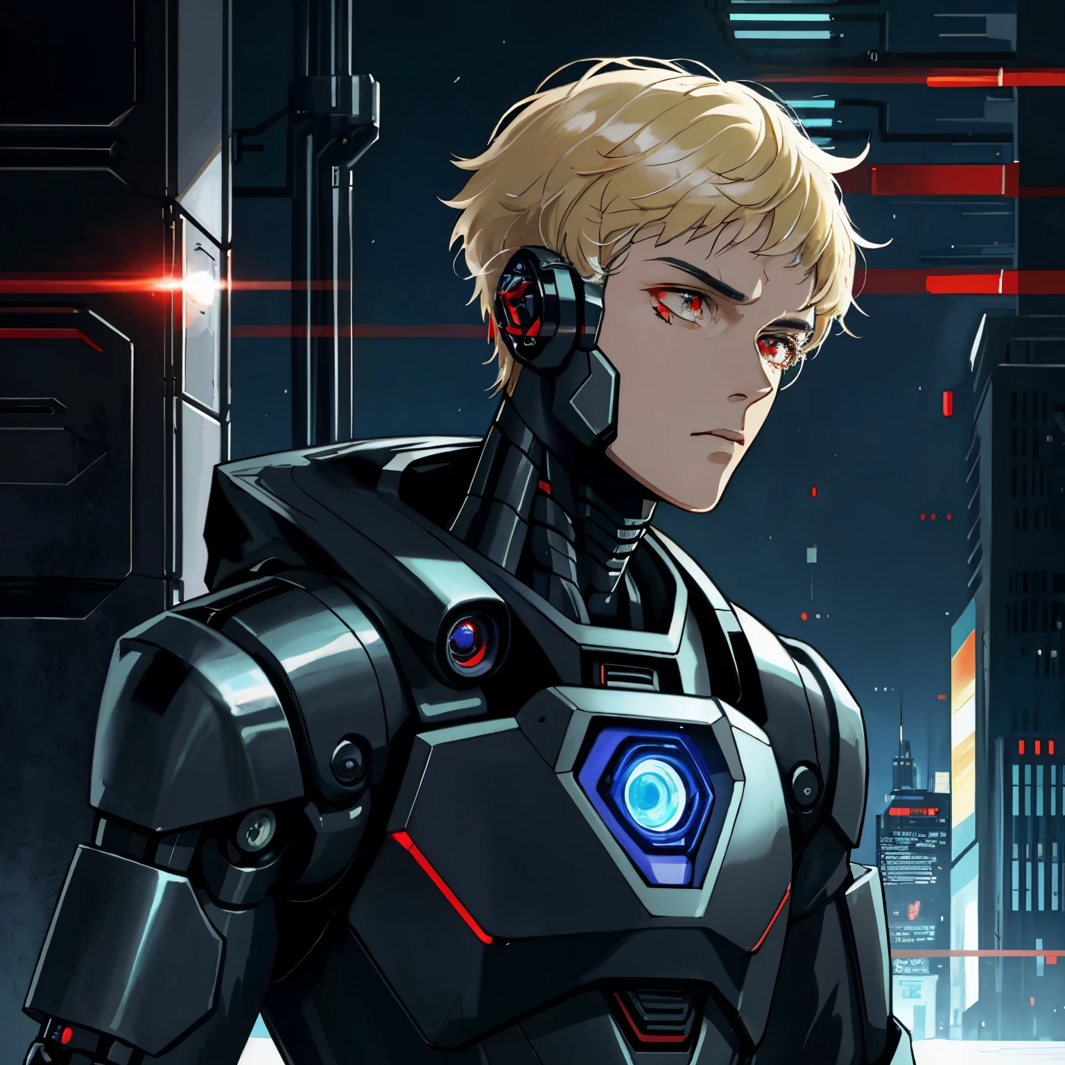 Beautiful boy robot face, black organic robot, black plastic, robot robot parts, Black mechanical body, arm prosthesis, Alone, Machine made joints, Mechanical limb, Mechanical spine fixed to the back, scientific fiction, The end of the world, cyberpunk backgrouns, A 23-year-old robot boy,Short blonde hair, red eyes, keep a straight face,cold expression, no extra finger