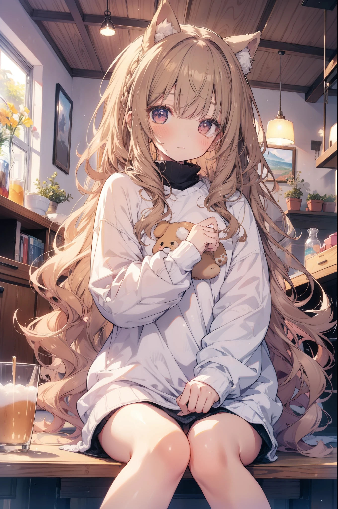 1 girl in、light brown hair、Longhaire、fluffy hair、Canine ears、Dog tail、sitting on、knitted sweater、cute little、Wear oversized clothes、Sleepy face、I get out of the way、Rori、Lighted interior、warm interior、in a house、top-quality、masutepiece