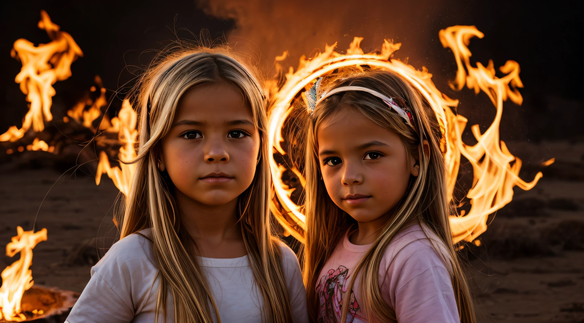 halo de fogo luminoso, there are two CHILDREN girls BLONDE HAIR in front of a ring of fire,