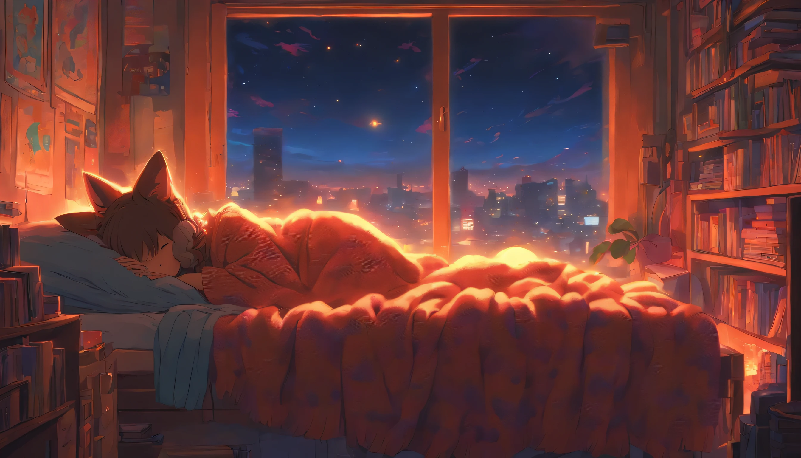 a girl, lying sleeping, wearing a big sweater, wearing headphones, legs covered with a blanket, lofi, calm, calm atmosphere, in her room looking at the window, cool, night, quiet night, cat, masterpiece, best quality