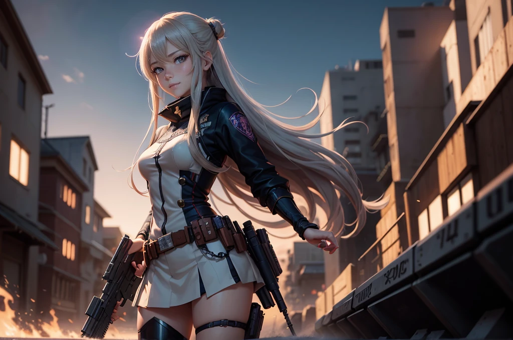 Anime girl with long hair and a gun in her hand,a smile, Detailed Digital Anime Art, anime fantasy artwork, Detailed anime artwork, advanced digital anime art, detailed anime art, mechanized valkyrie girl, best anime 4k konachan wallpaper, 4K highly detailed digital art, guweiz on artstation pixiv, very detailed Artgerm, anime style 4 k