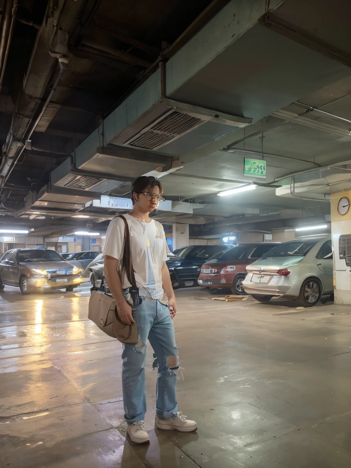parking lot underground. soft femboy,glasses, light blue ripped oversize jean,