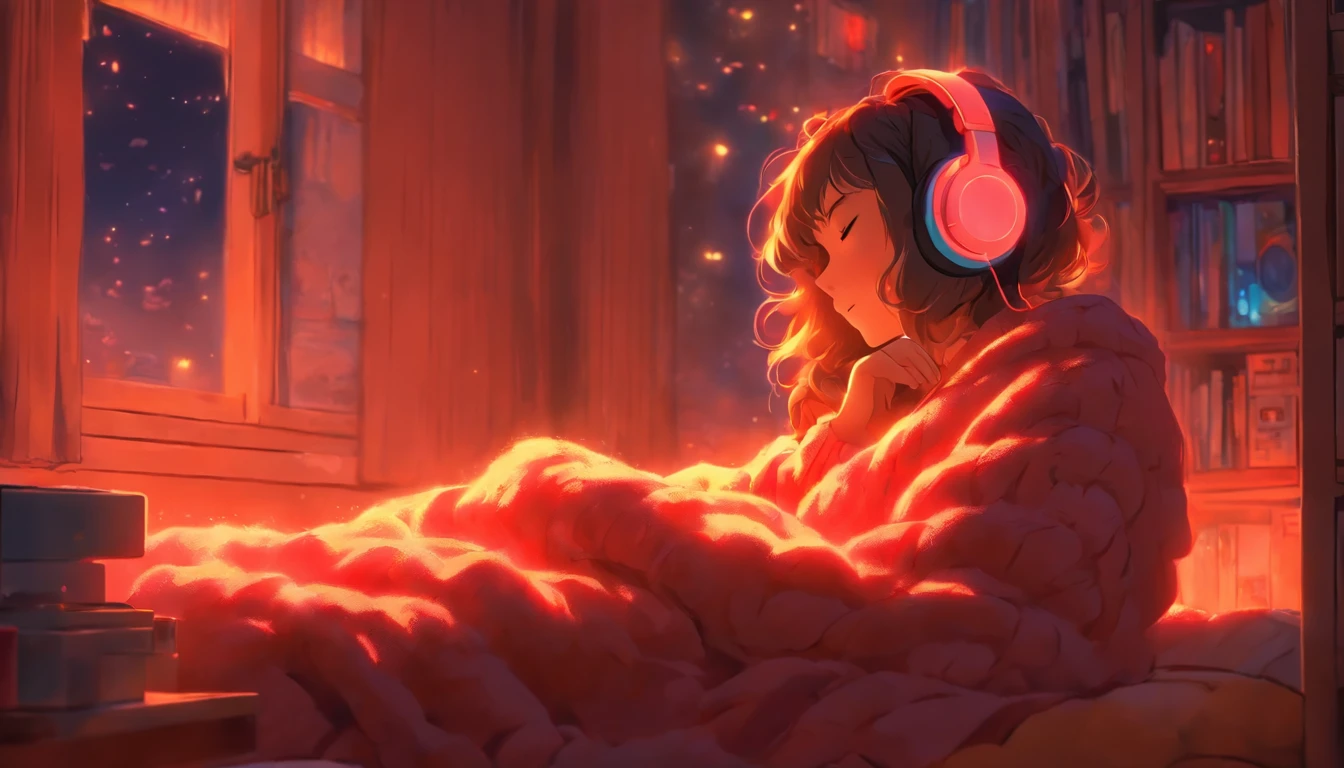 a girl, lying sleeping, wearing a big sweater, wearing headphones, legs covered with a blanket, lofi, calm, calm atmosphere, in her room looking at the window, cool, night, quiet night, masterpiece, best quality