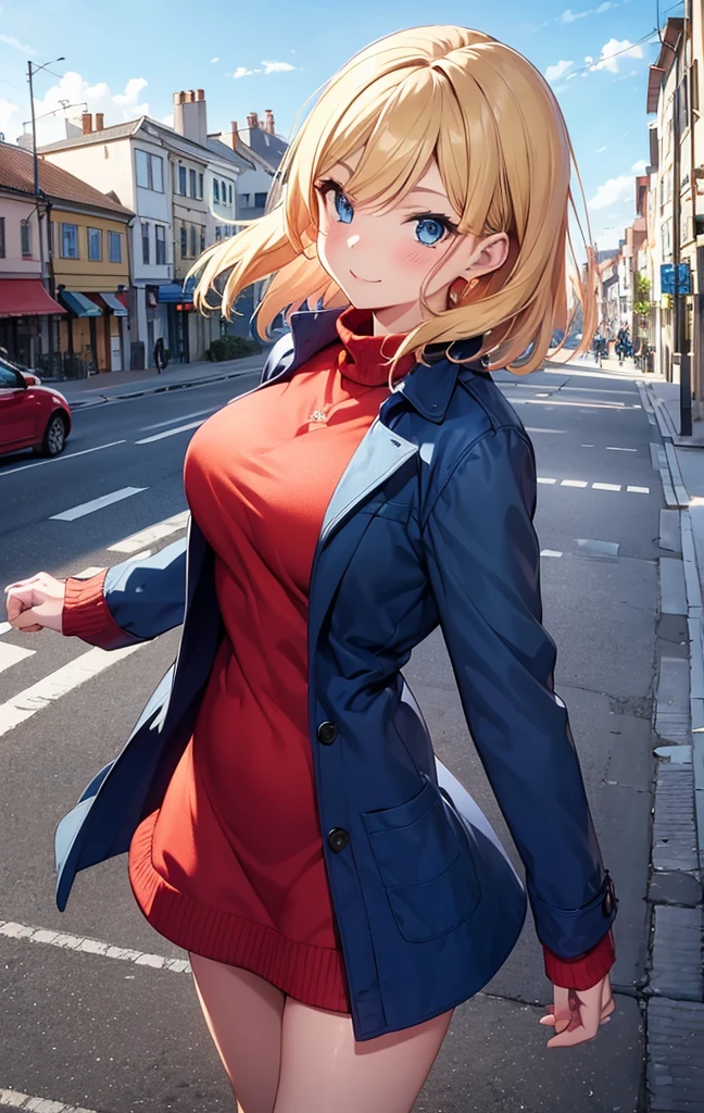 2D Anime Style、Beautiful blue eyes,(Talented lo-fi:1.3),breasts are slightly larger、Short blonde hair fluttering in the wind,Cool adult woman with a happy expression,Red knitted dress,Wear a long black coat,walking in city,European-style cityscape,