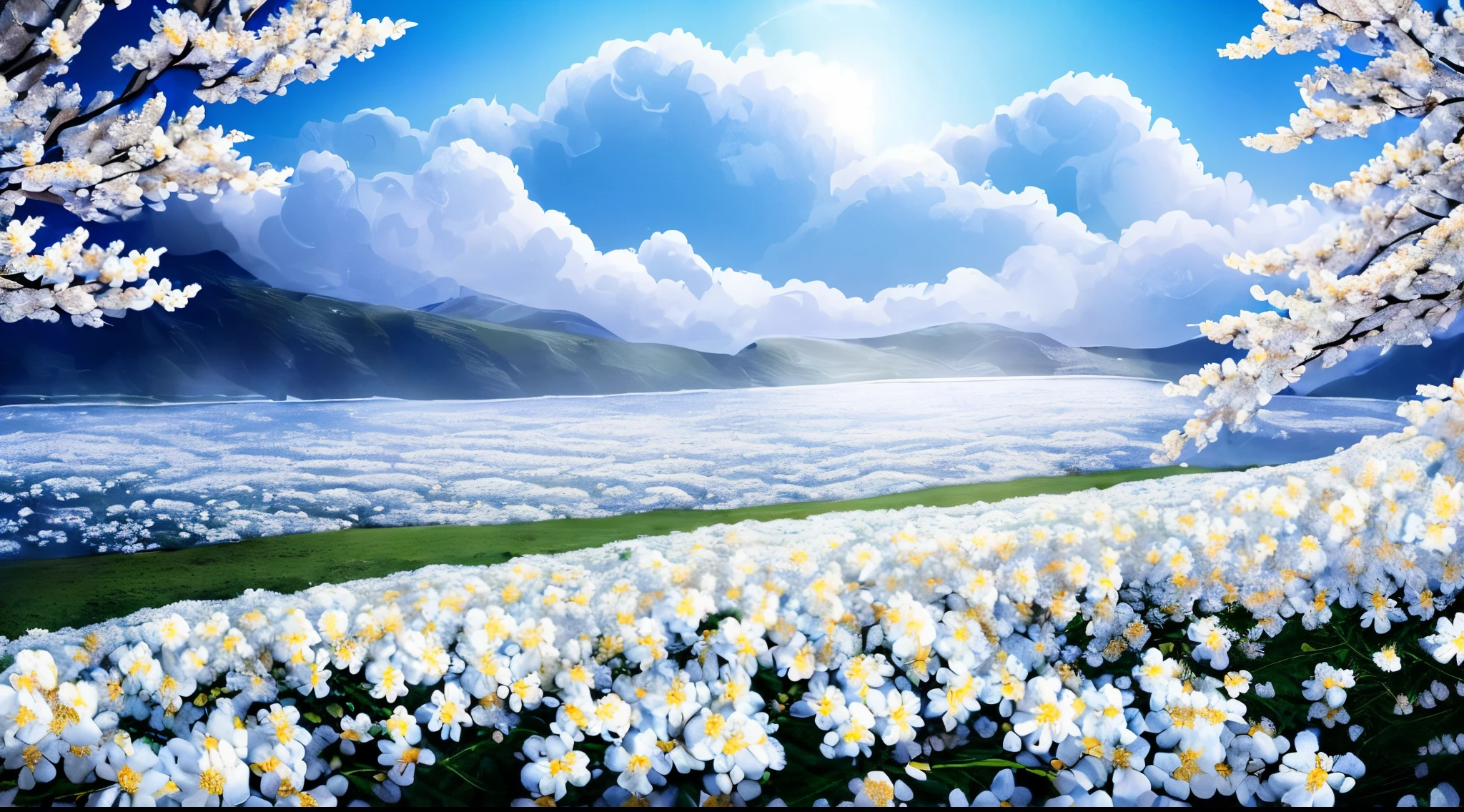 (8K)、Super delicate、(((lots of pure white flowers:1.5)))、a computer, realistic fantasy, Extensive landscape ultra photography (General view of the sky, flower petals, Fog, iceberg, Cherry blossom branches fall from the sky), Blurred background, broody, Magic