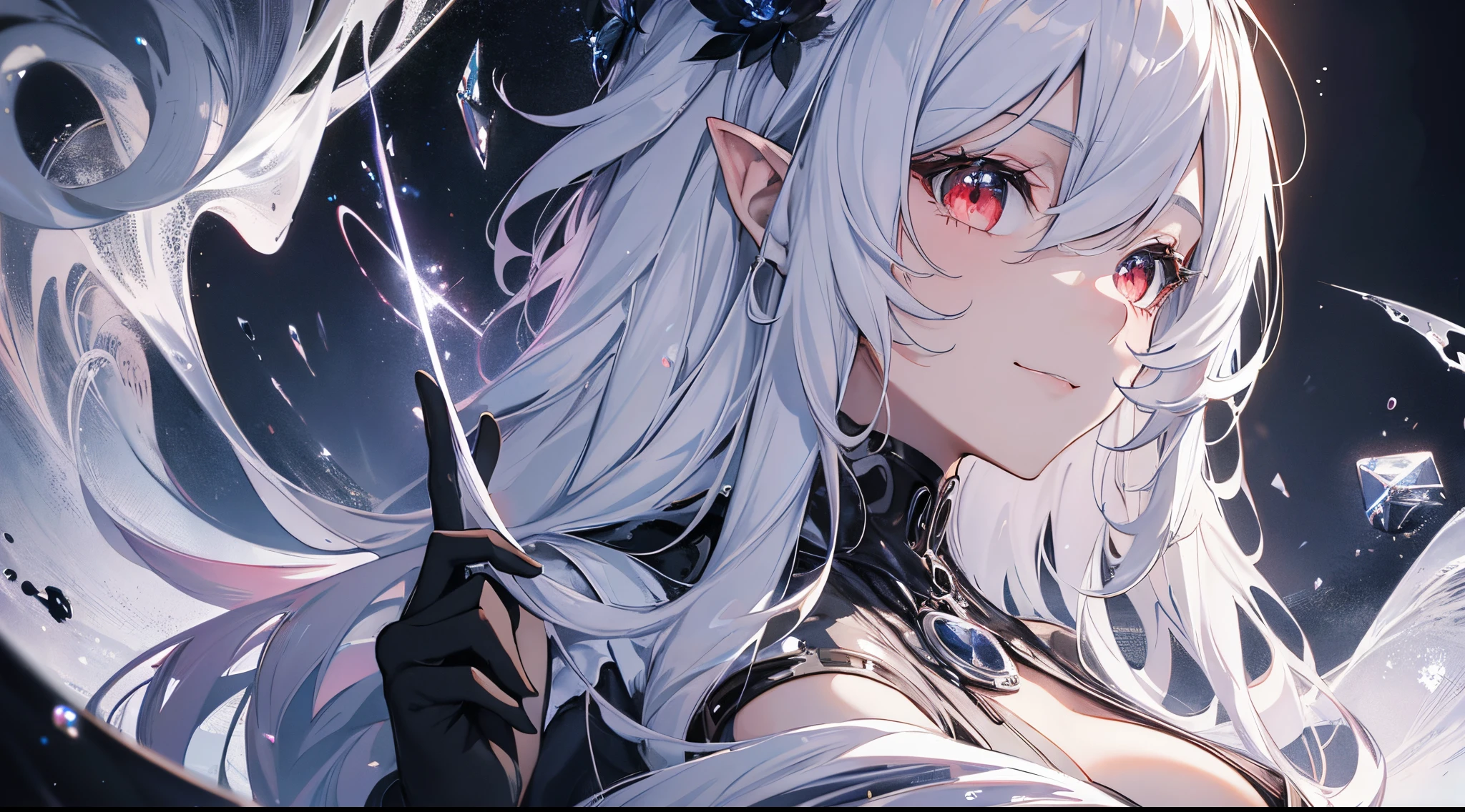 ((tmasterpiece:1.4,Best quality at best))+,(hyper-detailing)+,(詳細な目:1.5)+,(pointy ears:1.5),(cute girls),(Golden-red eyes:1.5),(cabelos preto e longos:1.5),(wariza:1.2),pale-skinned,Seductive smile,black crystal block,Red crystal on forehead,Red sunglasses,(White lab coat,black shirt,black long pants:1.5),(black Bracelet:1.4),dense fog,burning pipe,The stands up,metal chains,Black silk gloves,Ice cleansing effect,(fashionable girl:1.1),(dawn light:1.2),(Thick black and white:1.16),(depth of fields:1.4),Complicated details,color mixing,Detailed route,Excellent,super detailing,The content is very detailed,(hight contrast:1.11),ventania,Amazing cleavage,beautidful eyes,messy hair,(best illuminate,Extremely Delicately Beautiful), ((movie light lighting)), (seen from the side:1.3),8K,tmasterpiece,Best quality at best,cinematic Film still from,1 plump girl,(Close-up cleavage:1.1),bright,Interesting,gentlesoftlighting,(bauhause,shape,line engineering,Abstract:1.1)offcial art, Unity 8k壁纸, ultra - detailed, Beautiful and beautiful, tmasterpiece, Best quality at best, (dynamic angle:1.4),PerfectNwsjMajic,(tmasterpiece,top-quality,Best quality at best,offcial art,Beauty and aesthetics:1.2),The content is very detailed,rich colourful,highest details,