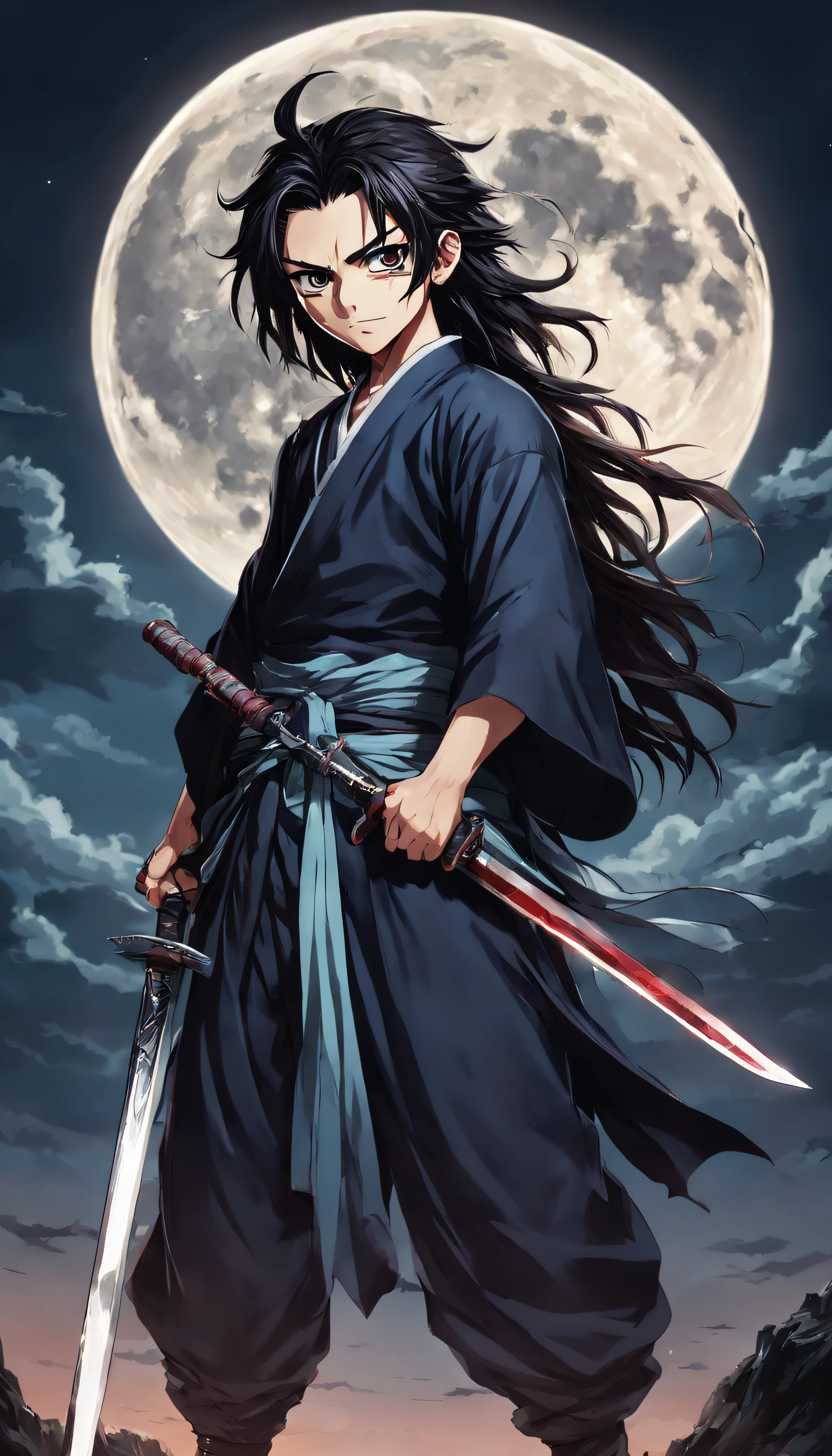Long-haired anime character holding a sword before the full moon, Cute faces in Demon Slayer art, Ghost Slayer's Blade, Inspired by:《Ghost Slayer's Blade》, Yoriichi Tsukuni, demon slayer artstyle, Demon Slayer anime image, Tanjiro Stovemon