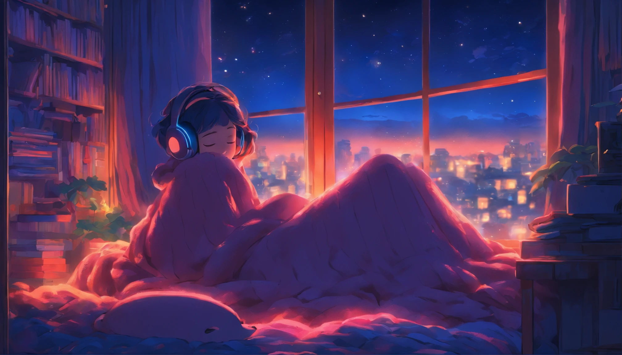 a girl, lying sleeping, wearing a big sweater, wearing headphones, legs covered with a blanket, lofi, calm, calm atmosphere, in her room looking at the window, cool, night, quiet night, masterpiece, best quality