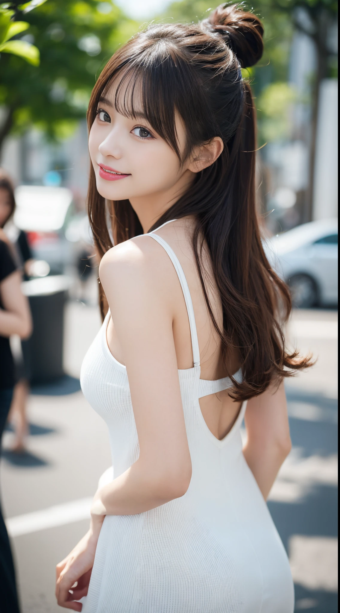 ((Realistic lighting, Best quality, 8K, Masterpiece: 1.3)), Focus: 1.2, 1girl, Perfect Figure: 1.4, Slim Abs: 1.1, ((Dark brown hair)), (White dress: 1.4), (Outdoor, Night: 1.1), City streets, Super fine face, Fine eyes, Double eyelids,