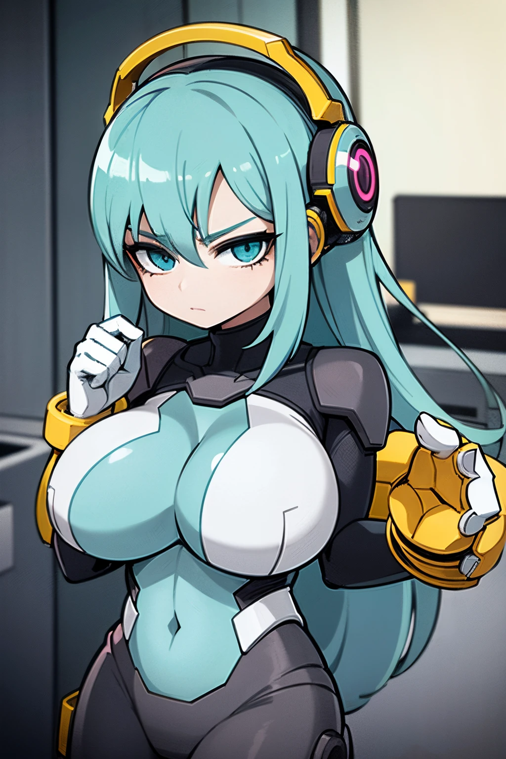 Inorganic, Feminine body, Big tits, Machine body, Robot head, Androids, looking at viewer, anime key visual, Deformation, Ghibli-like colours, anime style, Conceptual art