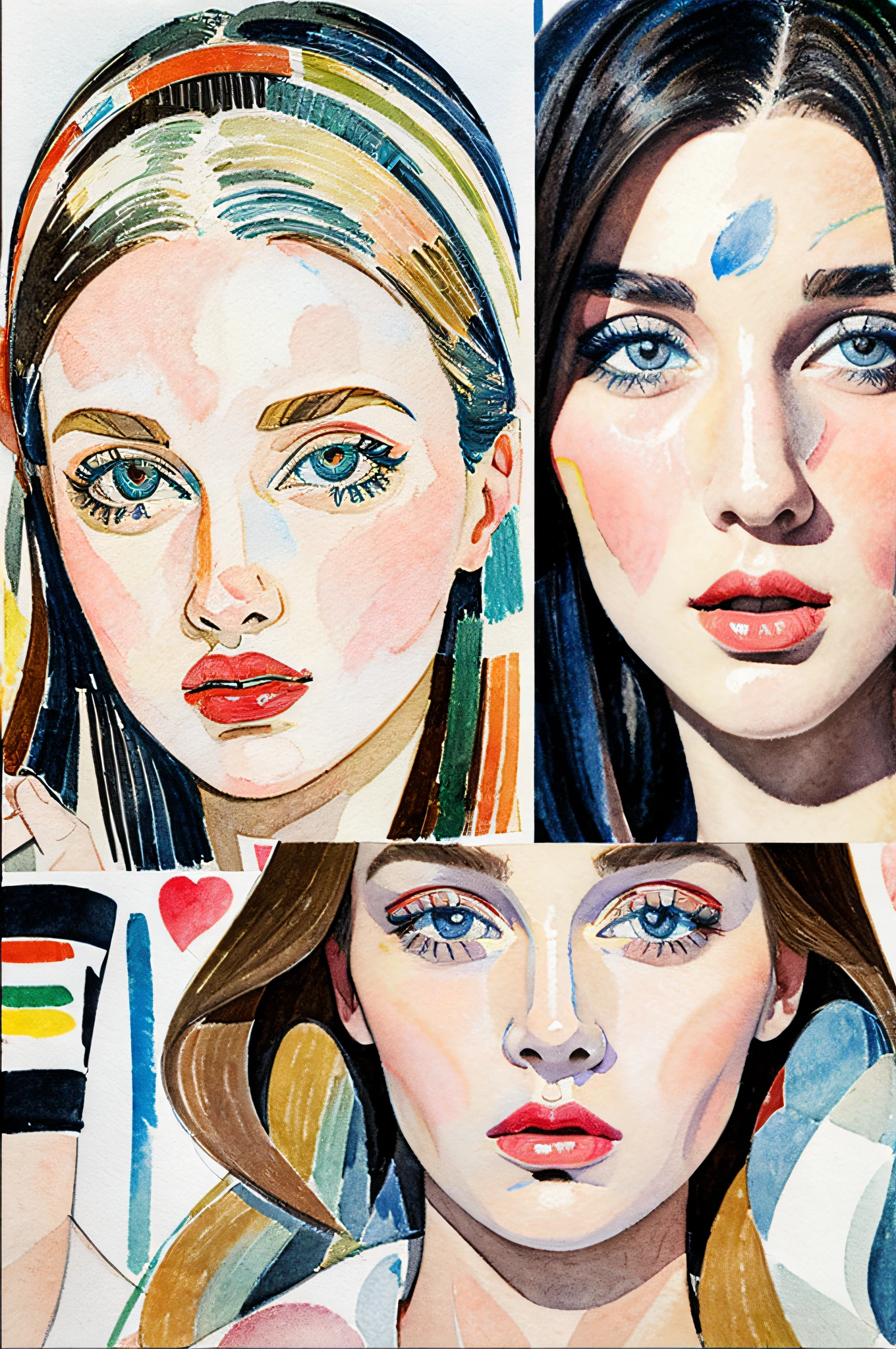 Sketched, watercolor paiting, Collage of Picasso and Robert Delaunay, cubism, Abstract, Cute daughter, big clear blue eyes, Little red cheeks, Blonde long-haired, Face-centric, Against the backdrop of newspapers and fashion magazines, Intricate Brushwork, high-level image quality, A breathtaking masterpiece