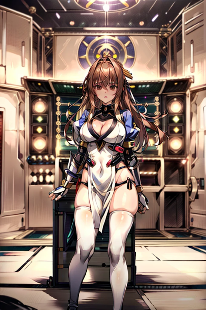 (masterpiece, best quality:1.3)
KasumiDOA, 1girl, solo, long hair, breasts, looking at viewer, bangs, large breasts, brown hair, thighhighs, dress, ribbon, cleavage, brown eyes, medium breasts, underwear, standing, panties, hair ribbon, braid, short sleeves, cowboy shot, japanese clothes, puffy sleeves, white thighhighs, puffy short sleeves, lips, sash, pelvic curtain, yellow ribbon, realistic, nose, arm guards, kote,hypnoLora,
empty eyes,Upright Pose,(Inside a futuristic and complex operational command center:1.6)