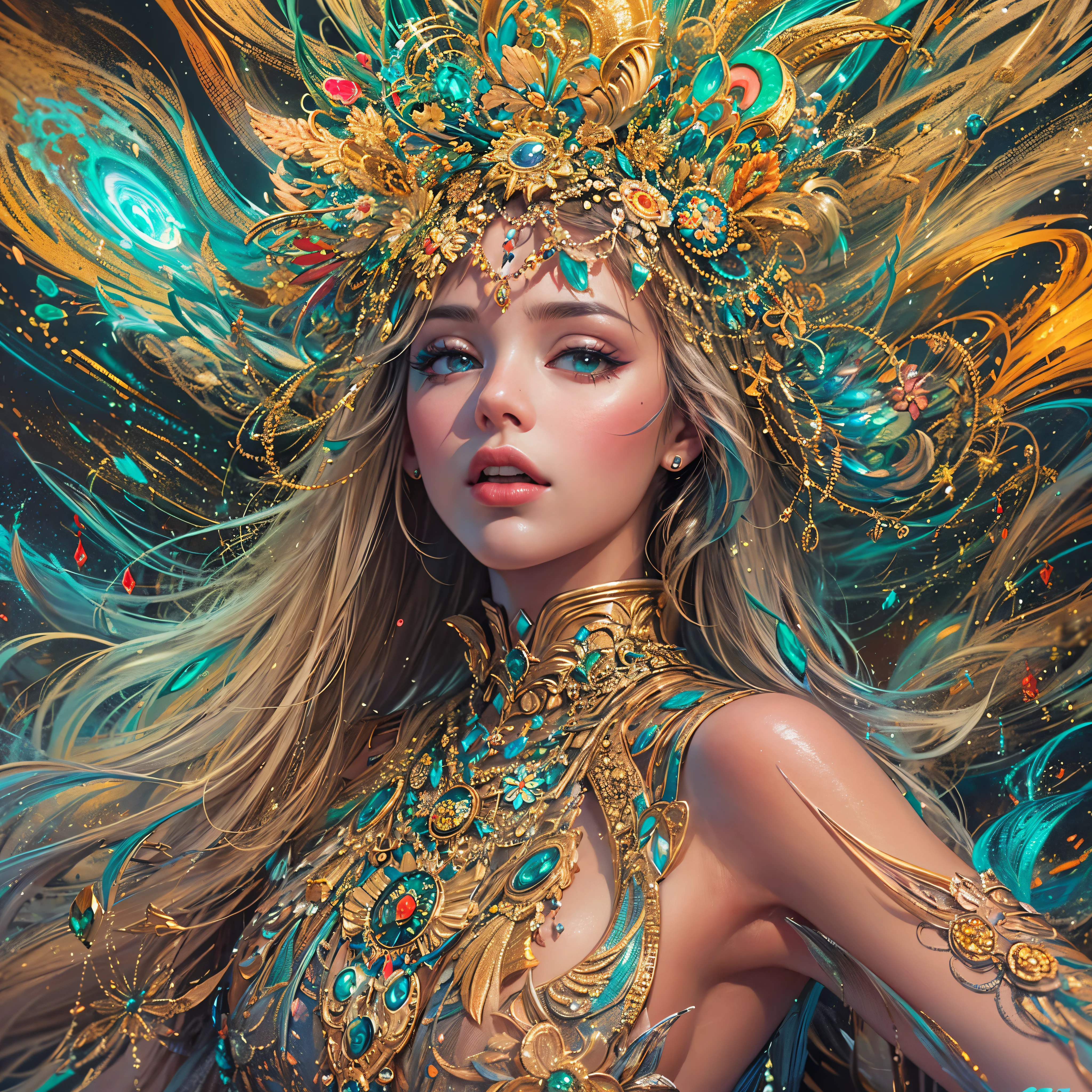 A woman with a peacock headdress and feathers on her head - SeaArt AI