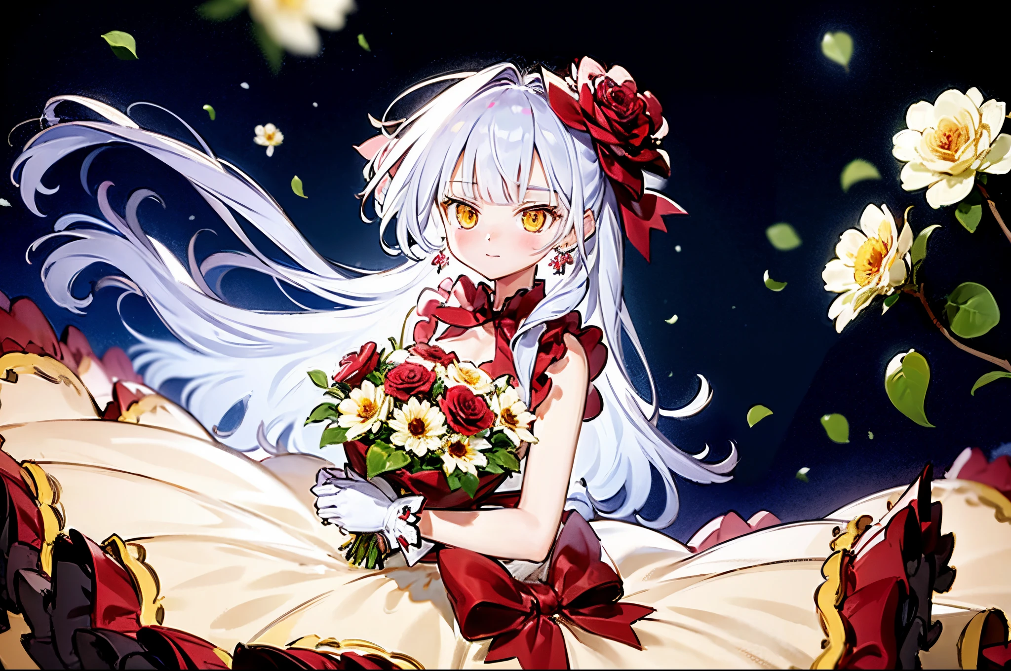 best quality, masterpiece, extremely detailed, detailed background, best quality, masterpiece, extremely detailed, detailed background, 1girl, dress, flower, long hair, ribbon, white dress, white background, red ribbon, hair ornament, rose, bow, crown, red footwear, solo, gloves, jewelry, white gloves, red flower, white flower, red bow, earrings, hair flower, frills, frilled dress, simple background, food, bouquet, looking at viewer, white hair, high heels, yellow eyes, bird, fruit, red rose, cup, blush, bangs, close up