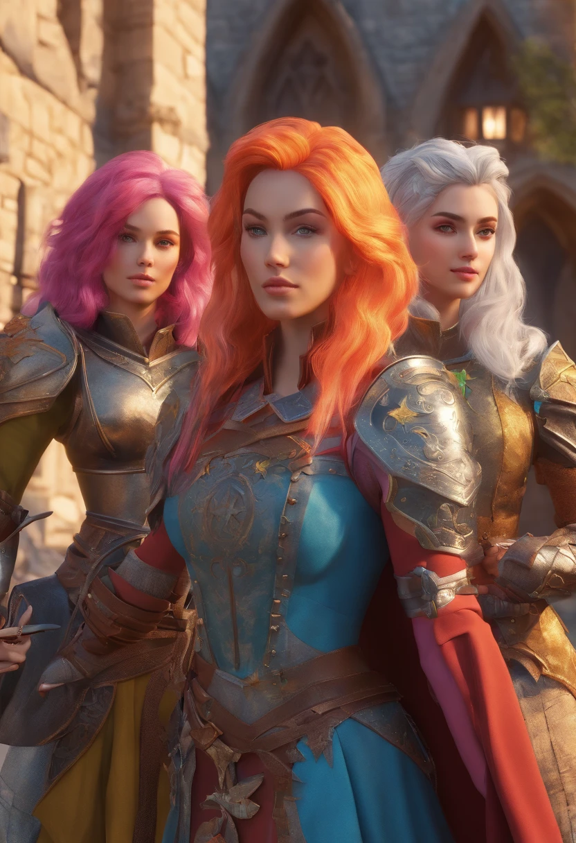 Group of women with colorful hair and elaborate medieval paladin costumes and armor, Permanent, Medieval city with castle background
