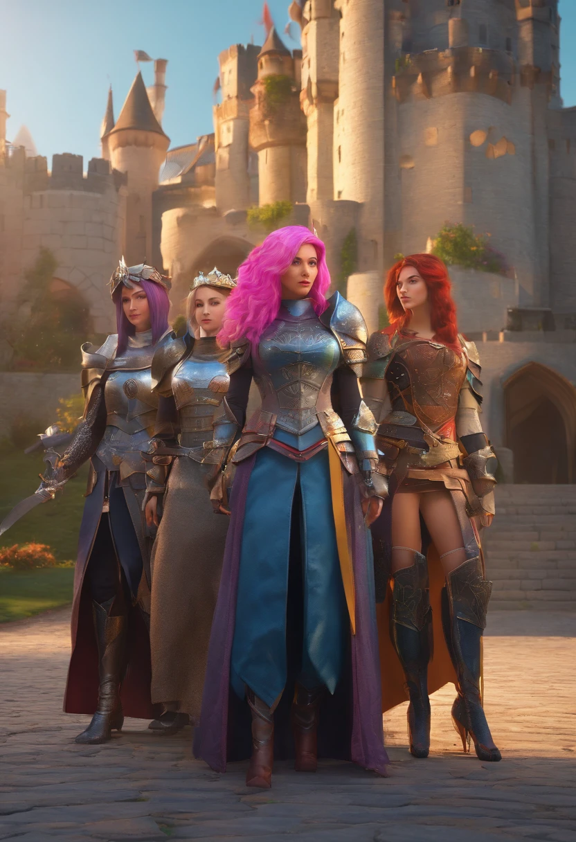 Group of women with colorful hair and elaborate medieval paladin costumes and armor, Permanent, Medieval city with castle background
