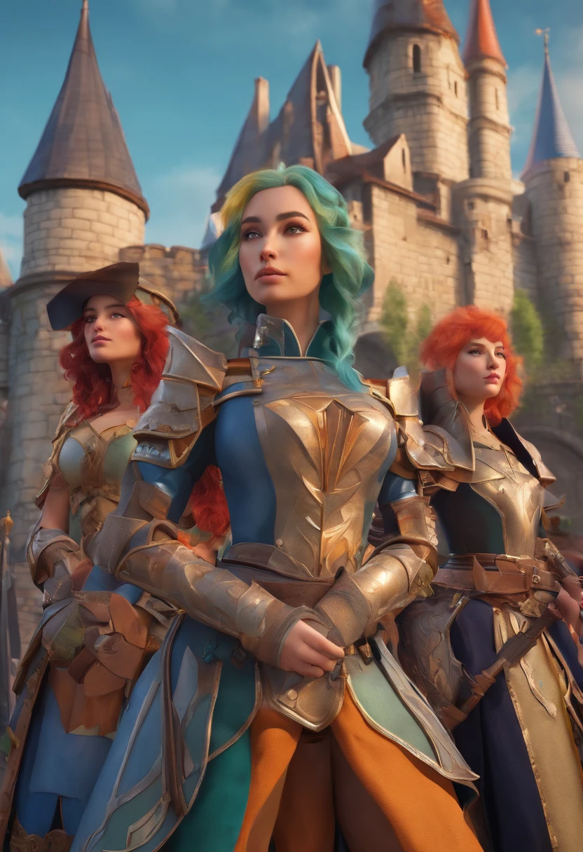 Group of women with colorful hair and elaborate medieval paladin costumes and armor, Permanent, Medieval city with castle background