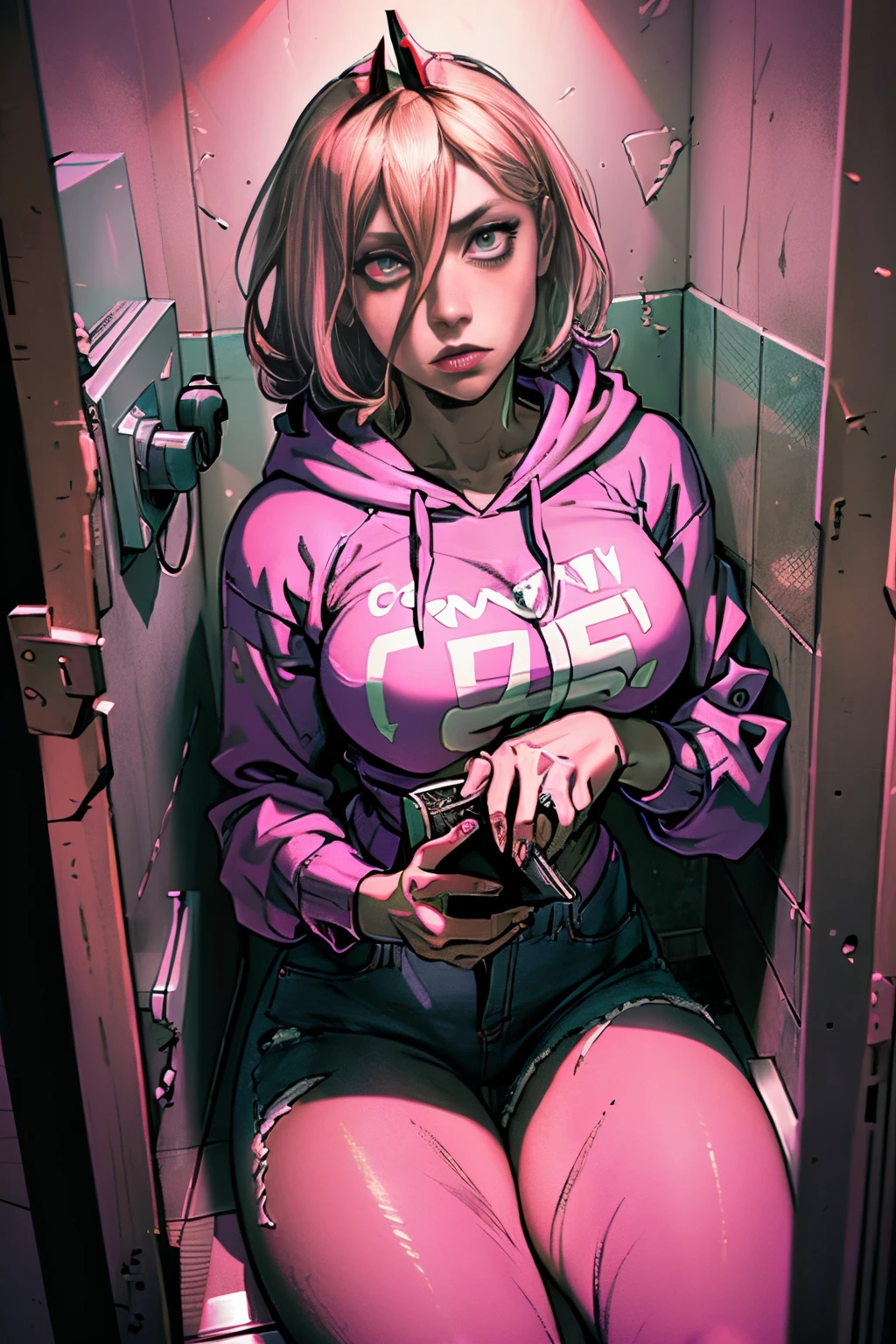 high res, detailed, power from chainsawman, person sitting in a toilet cubicle, gripping their own breast, holding a magazine in the other hand, wearing a pink low-cut hoodie and black jeans, looking up at the viewer, dramatic lighting, intense and vibrant colors