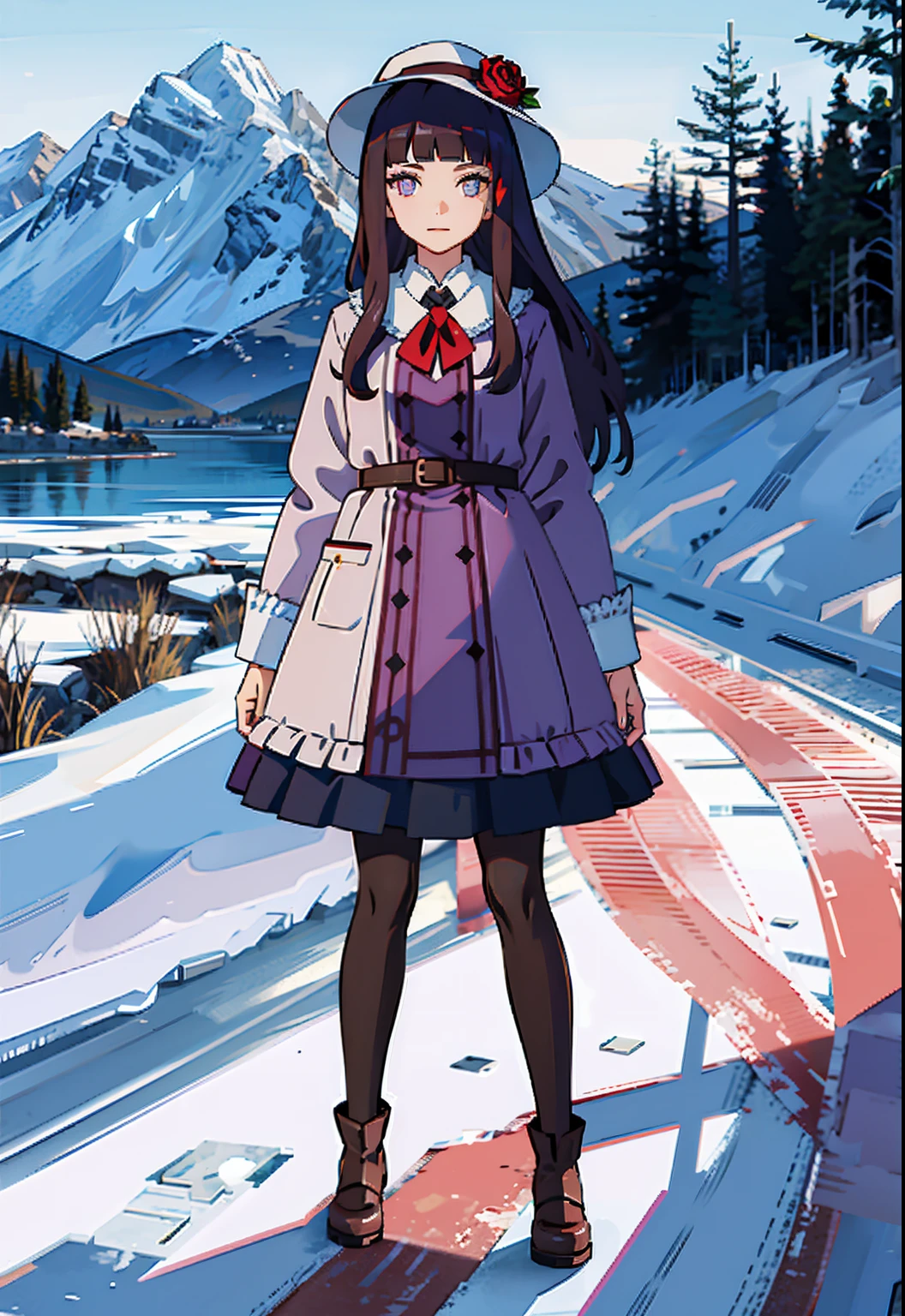 masterpiece, best quality, winter, snow field,
1girl, bangs, purple eyes, blunt bangs, bonnet, brown footwear, dark blue hair, dress, frills, fruit, full body, hat, long hair, long sleeves, looking at viewer, pantyhose, purple dress, red flower, red rose, rose, shoes, sitting, solo,
sky, sun, mountain, forest, lake,