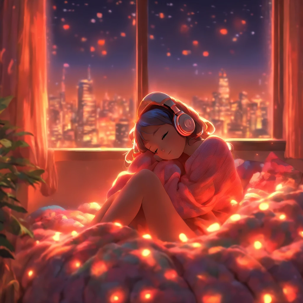 a girl, lying sleeping, wearing a big sweater, wearing headphones, legs covered with a blanket, lofi, calm, calm atmosphere, in her room looking at the window, cool, night, quiet night, masterpiece, best quality