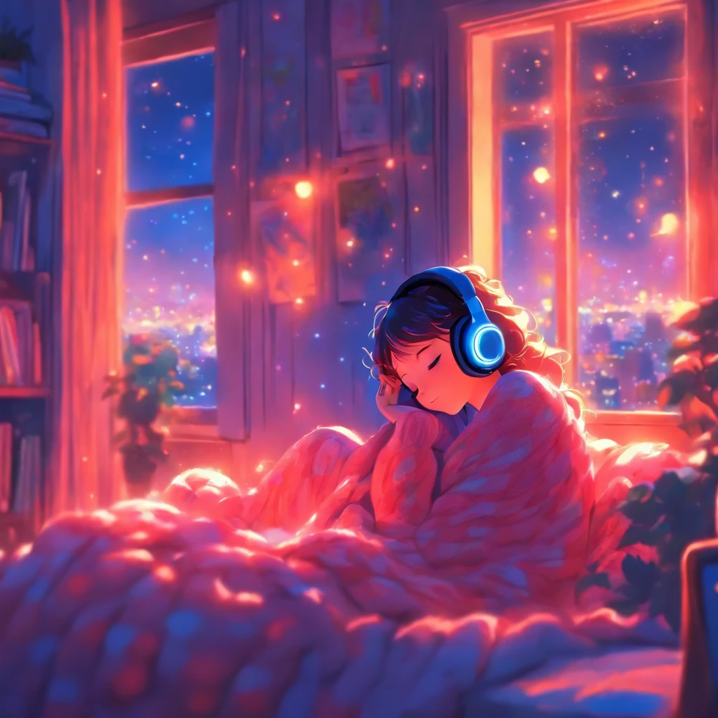 a girl, lying sleeping, wearing a big sweater, wearing headphones, legs covered with a blanket, lofi, calm, calm atmosphere, in her room looking at the window, cool, night, quiet night, masterpiece, best quality