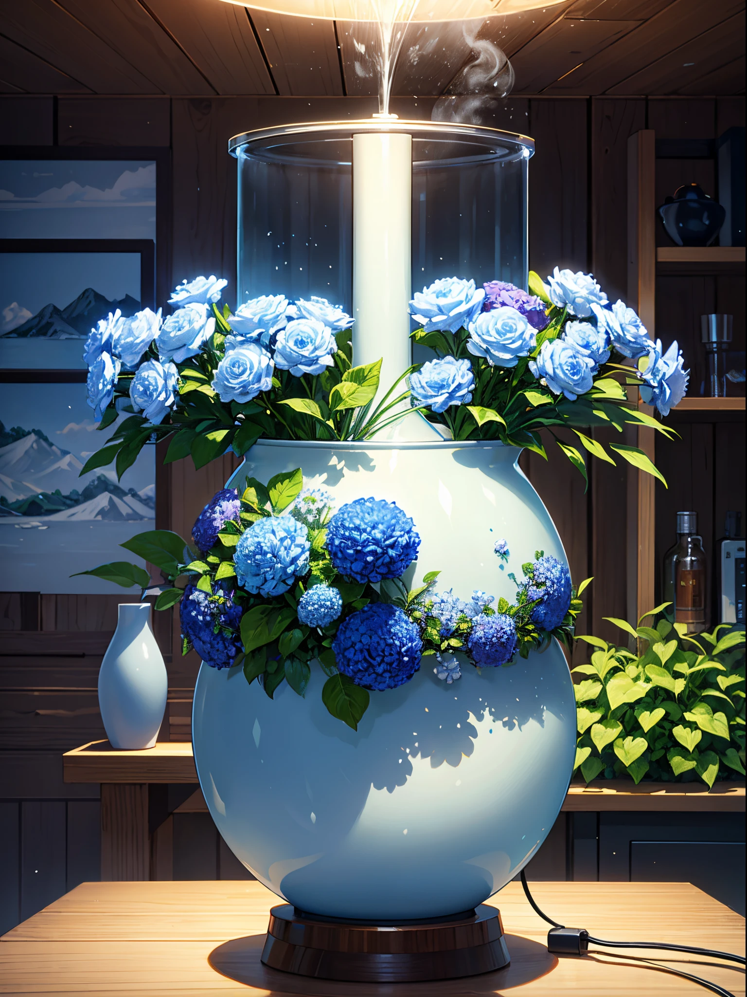 Humidifier product creative design，Combining landscape painting and cultural creativity with humidifier，Humidifier products have simple lines，Presenting a streamlined style，Products placed on wooden display stand，There is a bouquet of light blue flowers behind