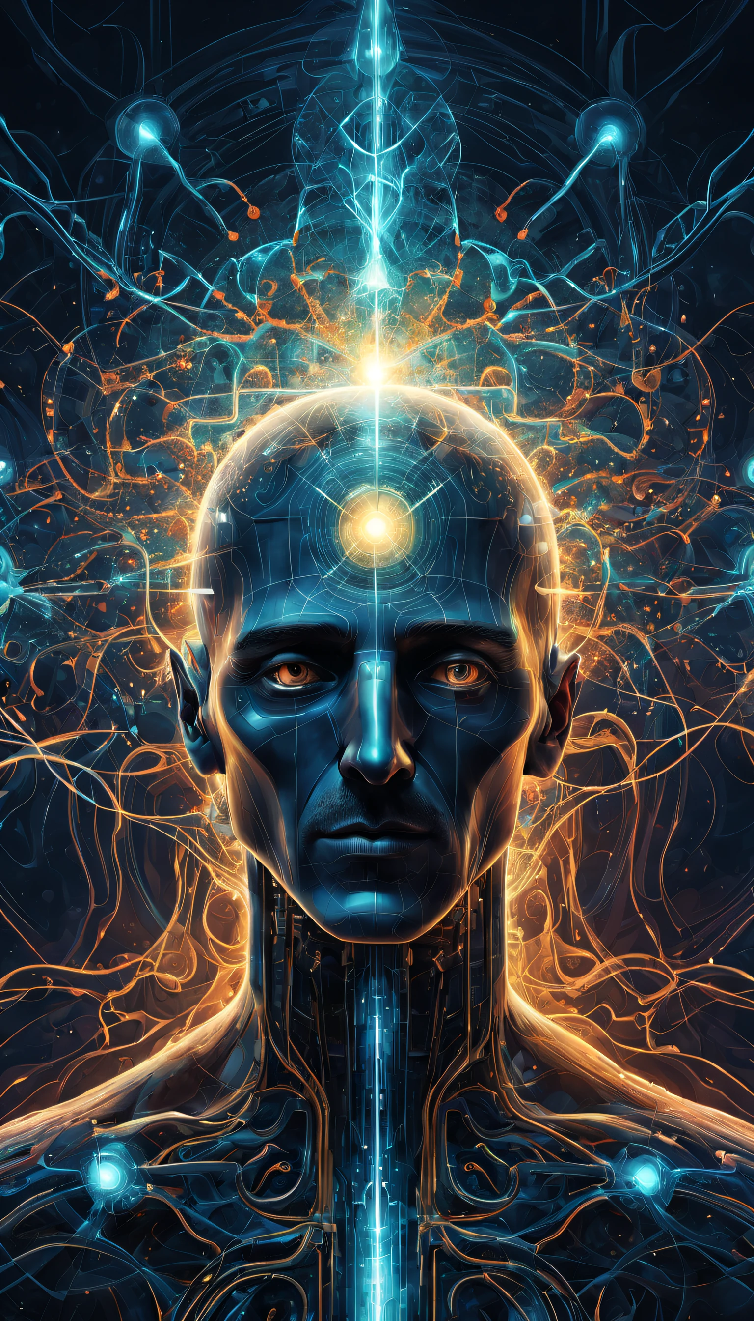 Artistic rendering, conceptual illustration, psychology of artificial intelligence, neural networks [abstract], human-machine interaction [emotional], futuristic aesthetics, deep learning algorithms, surreal interpretation, technology integration, (Nikola Tesla:1.2), intricate circuitry, complex emotions [abstract], machine consciousness, thought patterns [abstract], creative interpretation, symbolic connections, blend of organic and mechanical elements, ethereal atmosphere, visual metaphor, interpretive art style, enigmatic AI persona, reflective surfaces, innovative concept art, abstract symbolism, dreamlike quality