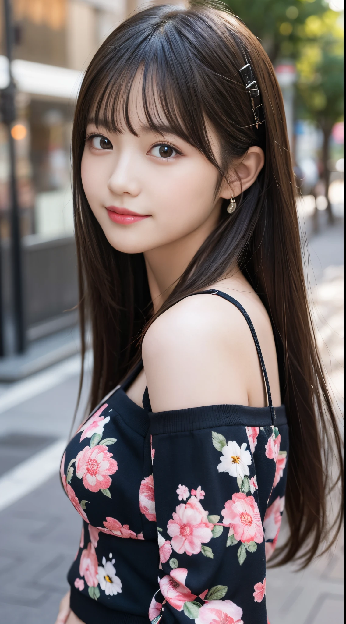 ulzzang -6500-v1.1, (Raw photo:1.2), (Photorealsitic),(Real: 1.4), masutepiece, Best Quality, Illustration, Ultra-detailed, finely detail, hight resolution, 8K Wallpaper, Perfect dynamic composition, Beautiful detailed eyes, Women's Fashion Summer,Medium Hair,Small breasts natural color lip, Bold sexy poses,Smile,Harajuku、20 years girl、Cute、Sexy shot looking at camera