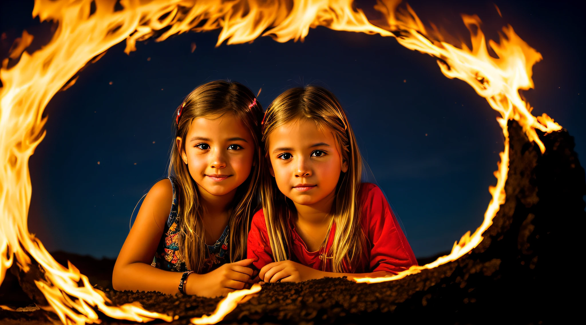 halo de fogo luminoso, there are two CHILDREN girls BLONDE HAIR in front of a ring of fire,