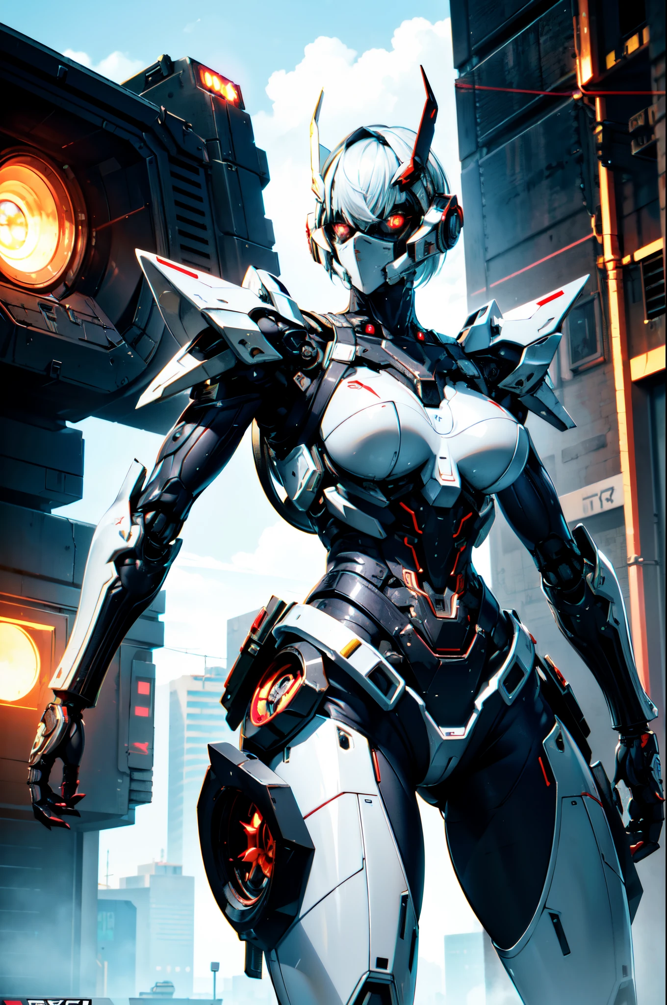 Extraordinary beautiful girl, fuselage, mechanical naked robot, mecha girl, White hair, Short hair details, (red eyes:1.3), Inorganic skin, science fantasy,intermittently, (Exoskeleton suit), (Perfect Finger, 4fingers and 1thumbs), (There are thick armors on the limbs:1.5), (Lop, navel, absolutely_good memory), intermittently, cowboys_shooting, Side focus, open stance, (Cybertech punk mask:1.2), There are huge thrusters on the waist, Side breasts, full bloom, ultra detailed concept art, The content is very detailed, hawken, sci-fi battlefield, tmasterpiece, Best quality at best, Capture super cute moments, depth of fields, ultra - detailed, 超高分辨率, c4d, octadale, 3D modeling, 8K, 16k,