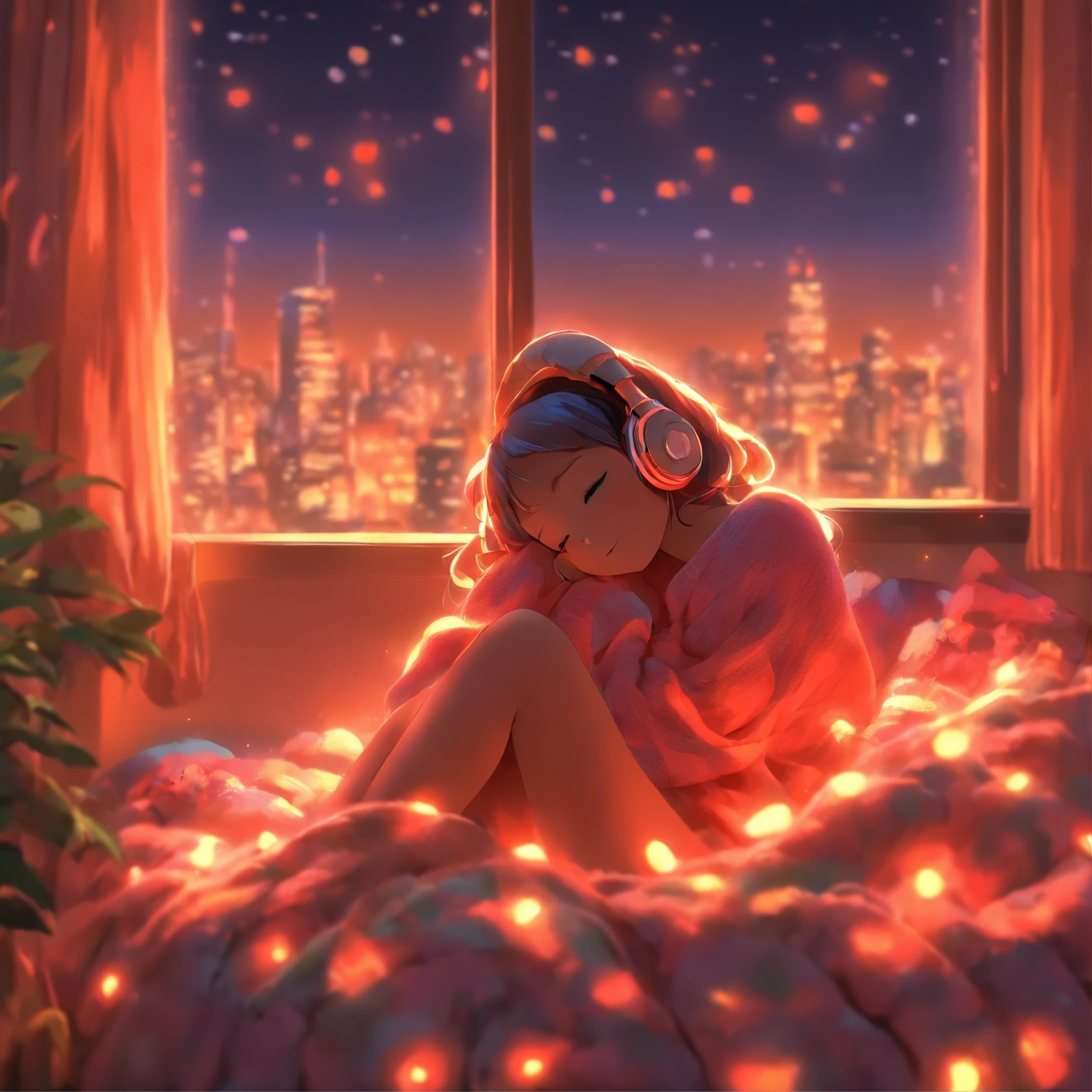 a girl, lying sleeping, wearing a big sweater, wearing headphones, legs covered with a blanket, lofi, calm, calm atmosphere, in her room looking at the window, cool, night, quiet night, masterpiece, best quality