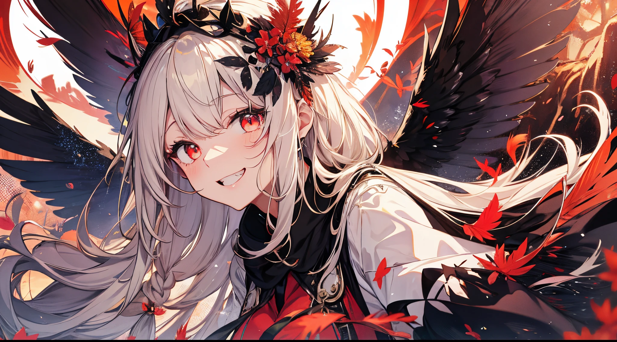 ((tmasterpiece:1.4,Best quality at best))+,(hyper-detailing)+,(Ultra-detailed eyes)+,(winged ears:1.5),
(cute girls),15year old,(Crimson pupils:1.15),Long dark blond hair,long braid,Bushy hair(wariza:1.2),pale-skinned,Perverted giggle,red rhombus crystal,red bird feathers,mute
(She wears a conservative red and yellow feather coat,Black pattern,:1.5),(Starry Sky Cloak:1.4)The sleeves are long,Red bird feather headdress,Wings of Fire,baiyun,A sea of red leaves and trees,Dream bubbles,Crow crows,rednails,sun crown
(bird feathers:1.1),
(dawn light:1.2),
(Thick black and white:1.16),(depth of fields:1.4),,Complicated details,