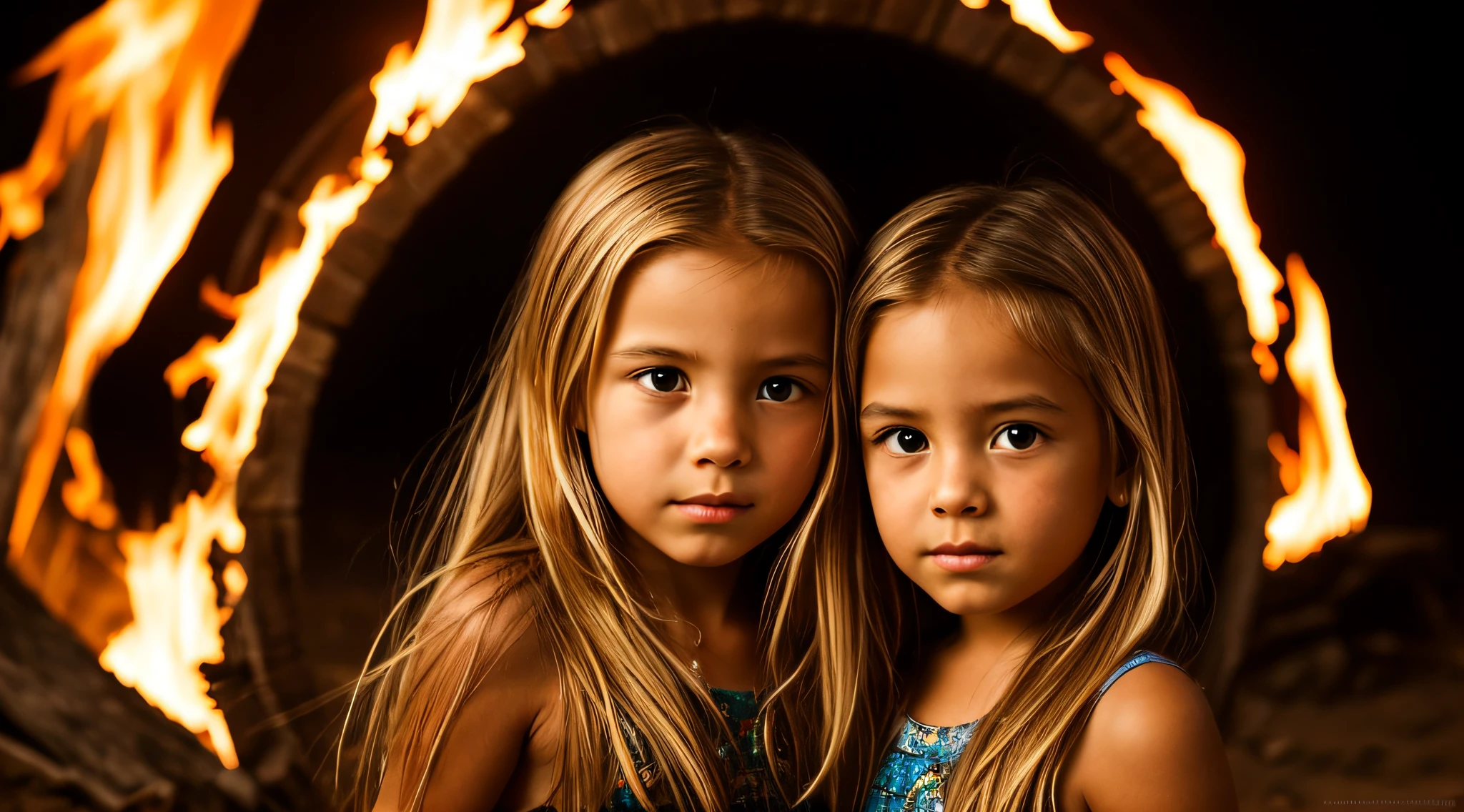 halo de fogo luminoso, there are two CHILDREN girls BLONDE HAIR in front of a ring of fire,