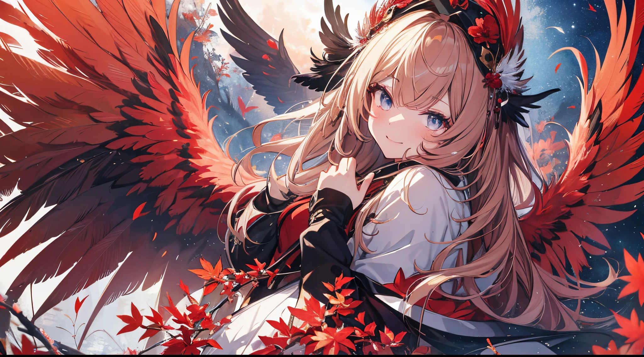 ((tmasterpiece:1.4,Best quality at best))+,(hyper-detailing)+,(Ultra-detailed eyes)+,(winged ears:1.5),
(cute girls),15year old,(Crimson pupils:1.15),Long dark blond hair,long braid,Bushy hair(wariza:1.2),pale-skinned,Perverted giggle,red rhombus crystal,red bird feathers,mute
(She wears a conservative red and yellow feather coat,Black pattern,:1.5),(Starry Sky Cloak:1.4)The sleeves are long,Red bird feather headdress,Wings of Fire,baiyun,A sea of red leaves and trees,Dream bubbles,Crow crows,rednails,sun crown
(bird feathers:1.1),
(dawn light:1.2),
(Thick black and white:1.16),(depth of fields:1.4),,Complicated details,