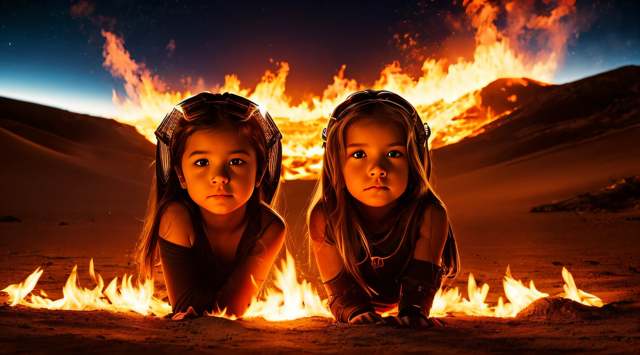 halo de fogo luminoso, there are two CHILDREN girls BLONDE HAIR in front of a ring of fire,