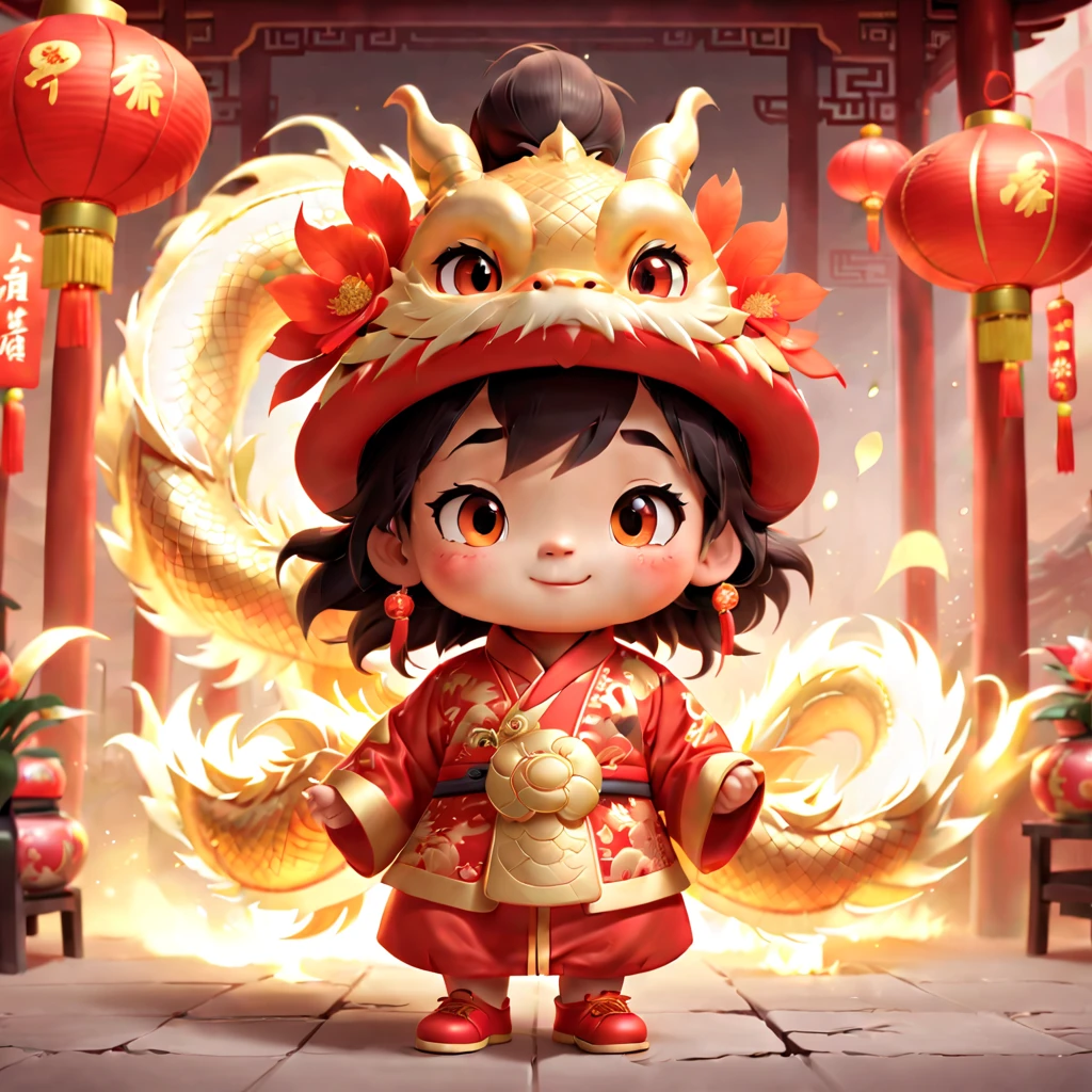 Game character design，3D character rendering，(((Vector illustration style)))，(1 cute **********，Wearing traditional red hat，Wearing Chinese red clothes，The clothes are painted with golden dragons、Phoenix and other patterns，Highlighting the theme of 2024 as the Year of the Dragon in the Chinese Lunar Calendar)。（The eyes are big，Two small dimples are revealed when blinking，Smile and open your mouth to show your neat teeth，Hand holding red envelope，Big red envelope，The action of sending blessings or receiving lucky money）。（Thick bouncy black curly hair，Wearing a small red flower on the head）。（Red hat with gold trim and embroidery，The clothes have detailed designs such as buttons and embroidery), (((The stands up，Chinese Xiangyun cloth shoes: 1.6, Glowing lines or orange LED light effect))), (Full body shot: 1.5), ((Chinese element background，Auspicious cloud background)), (pov, first-person view, Ghibli-like colours, Luminism, cinematic lighting, UHD, masterpiece, ccurate, anatomically correct, textured skin, super detail, high details, high quality, award winning, best quality, 16k), Pop Mart blind box, 3Drenderingof