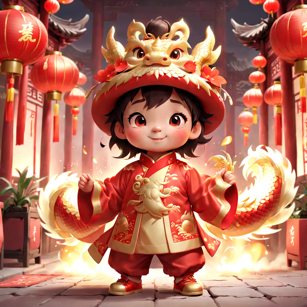Game character design,3D character rendering,(((Vector illustration style))),(1 cute little boy,Wearing traditional red hat,Wearing Chinese red clothes,The clothes are painted with golden dragons、Phoenix and other patterns,Highlighting the theme of 2024 as the Year of the Dragon in the Chinese Lunar Calendar)。(The eyes are big,Two small dimples are revealed when blinking,Smile and open your mouth to show your neat teeth,Hand holding red envelope,Big red envelope,The action of sending blessings or receiving lucky money)。(Thick bouncy black curly hair,Wearing a small red flower on the head)。(Red hat with gold trim and embroidery,The clothes have detailed designs such as buttons and embroidery), (((The stands up,Chinese Xiangyun cloth shoes: 1.6, Glowing lines or orange LED light effect))), (Full body shot: 1.5), ((Chinese element background,Auspicious cloud background)), (pov, first-person view, Ghibli-like colours, Luminism, cinematic lighting, UHD, masterpiece, ccurate, anatomically correct, textured skin, super detail, high details, high quality, award winning, best quality, 16k), Pop Mart blind box, 3Drenderingof