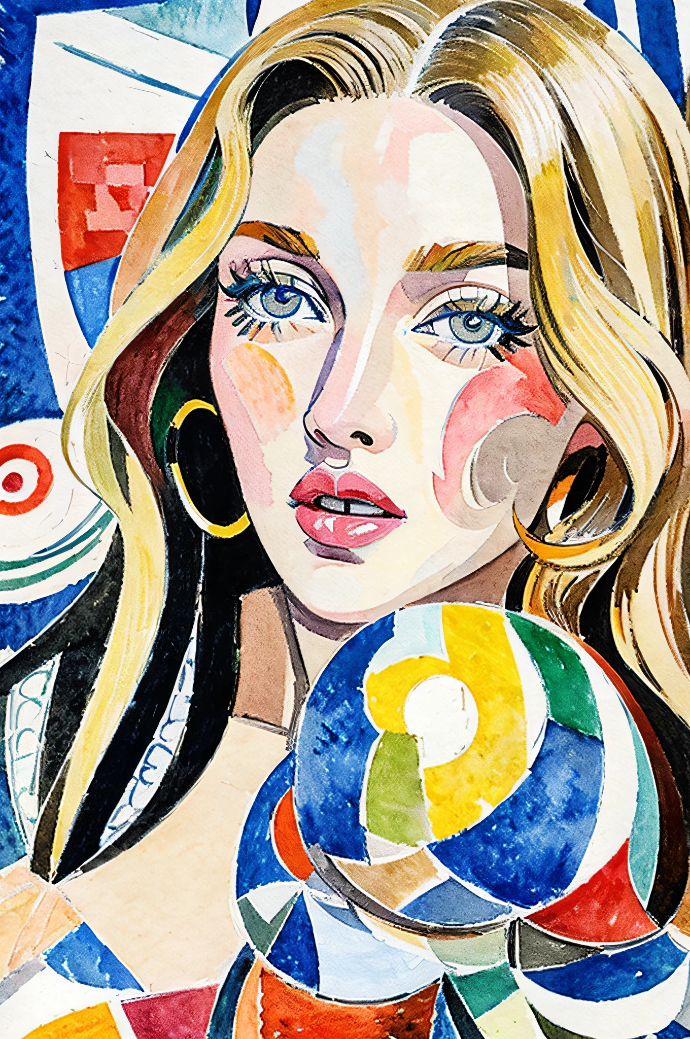 Sketched, watercolor paiting, Collage of Picasso and Robert Delaunay, cubism, Abstract, Cute daughter, big clear blue eyes, Little red cheeks, Blonde long-haired, Face-centric, Against the backdrop of newspapers and fashion magazines, Intricate Brushwork, high-level image quality, A breathtaking masterpiece