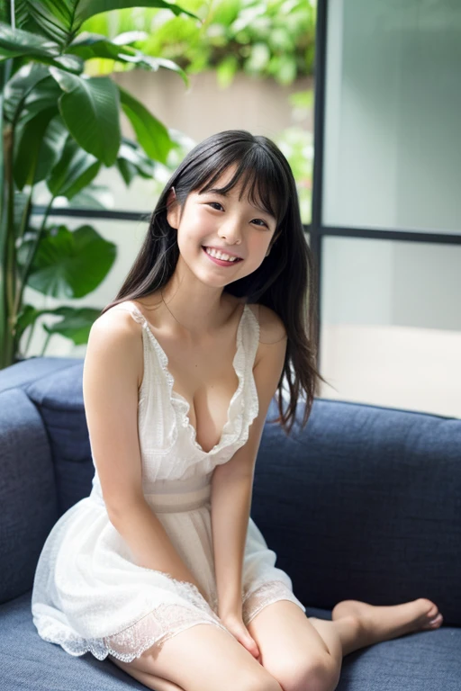 1 girl in、full body Esbian、A dark-haired、The long-haired、Huge breasts, cleavage、Shoulders exposed、White summer dress、Mini One Piece,Loose fit, see -through, (delicate illustration:1.4)、(masterpiece:1.0)、(top-quality:1.4)、(超A high resolution:1.2)、(Photorealsitic:1.4)、(8K、Raw photography:1.2)、(softfocus:1.4)、( student:1.3)、(foco nítido:1.4)、Beautiful Fine Face, Full body, Laughing,sitting in the couch