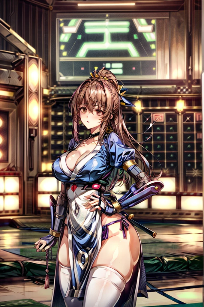 (masterpiece, best quality:1.3)
KasumiDOA, 1girl, solo, long hair, breasts, looking at viewer, bangs, large breasts, brown hair, thighhighs, dress, ribbon, cleavage, brown eyes, medium breasts, underwear, standing, panties, hair ribbon, braid, short sleeves, cowboy shot, japanese clothes, puffy sleeves, white thighhighs, puffy short sleeves, lips, sash, pelvic curtain, yellow ribbon, realistic, nose, arm guards, kote,hypnoLora,
empty eyes,Upright Pose,(Inside a futuristic and complex operational command center:1.6)