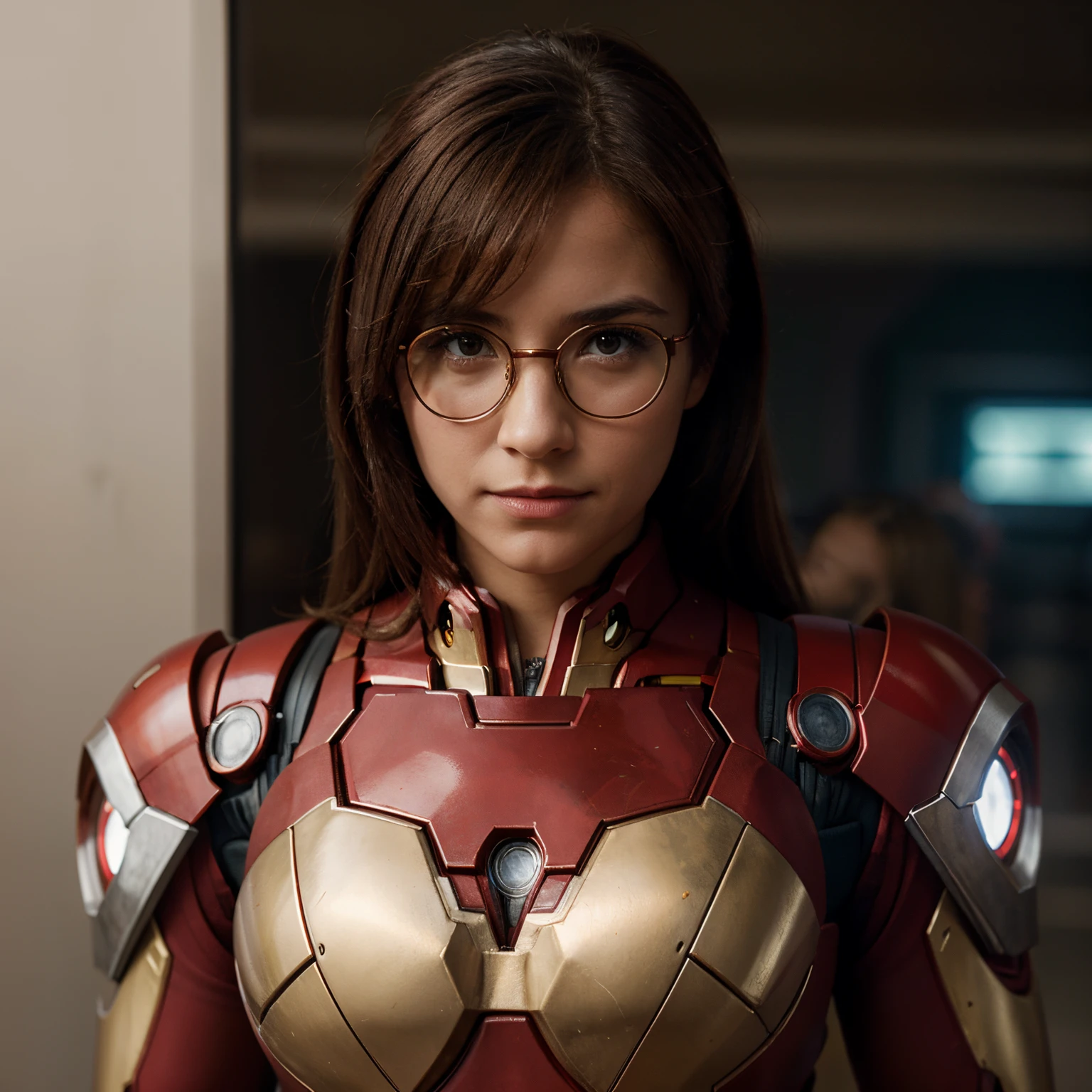 Beautiful girl with spectacles in Iron Man mark 45 suit. 4K
