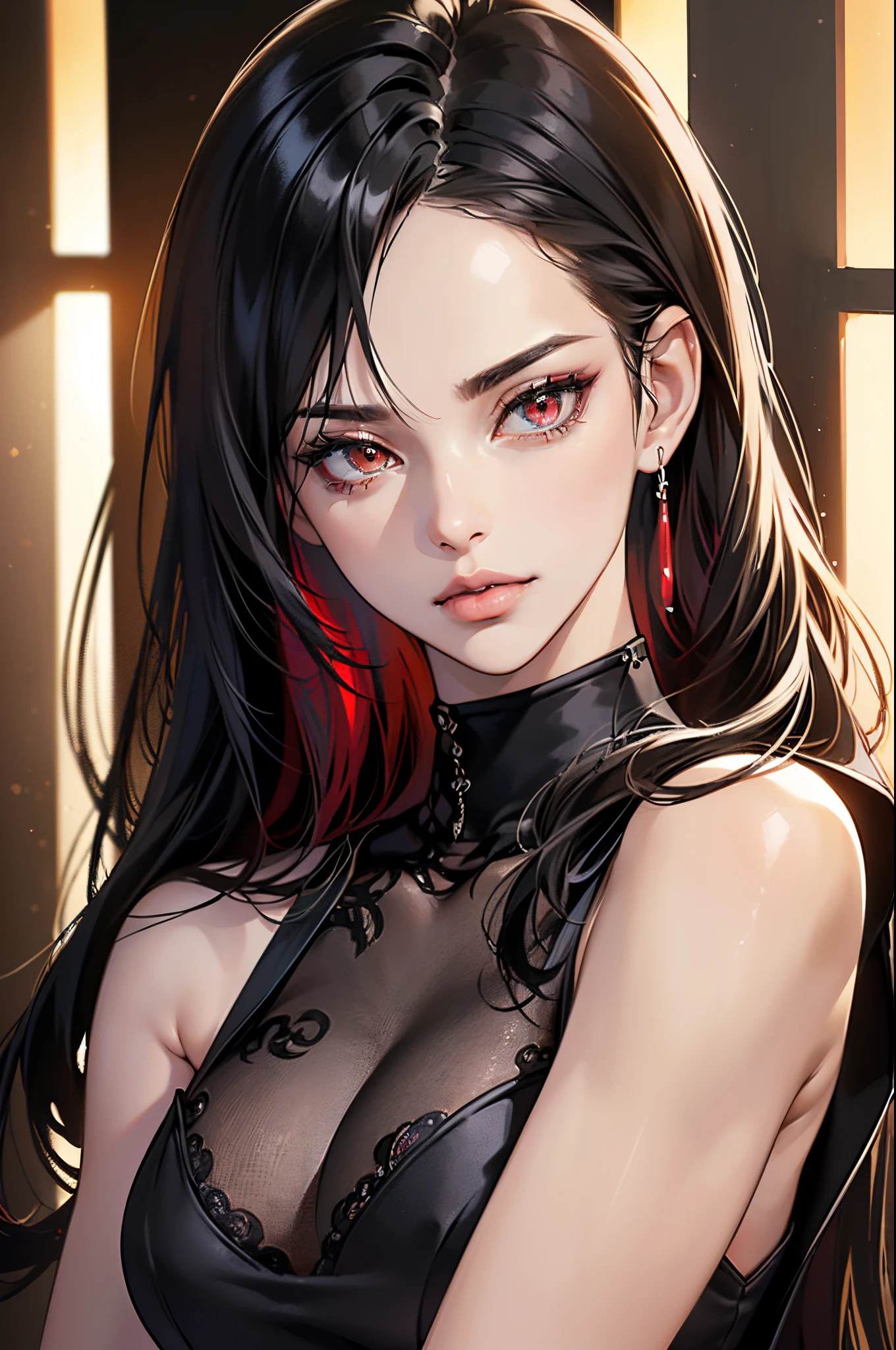 (Best Quality,4K,hight resolution,masutepiece:1.2),Ultra-detailed,Realistic:1.37,3D Rendering,(Beautiful detailed eyes),(Beautiful detailed lips),Long Black Hair,(slender,Toned body),(Seductive yet sophisticated style),Red Eyes,(Sexy Outfit),(Portrait),(Vivid colors),(Studio Lighting),huge tit