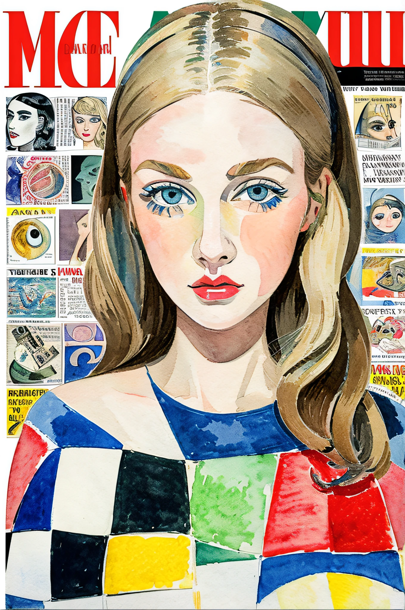 Sketched, watercolor paiting, Collage of Picasso and Robert Delaunay, cubism, Abstract, Cute daughter, big clear blue eyes, Little red cheeks, Blonde long-haired, Face-centric, Against the backdrop of newspapers and fashion magazines, Intricate Brushwork, high-level image quality, A breathtaking masterpiece