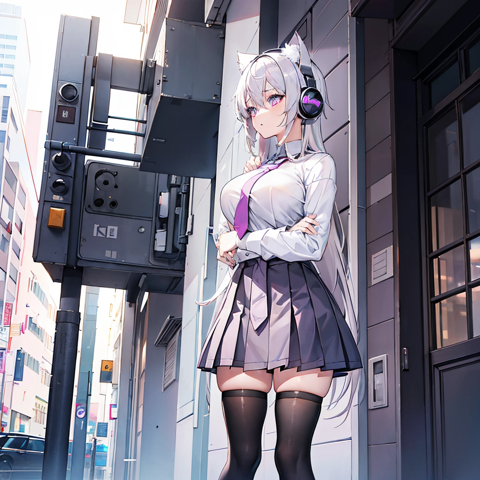 "anime girl, 1 person, silver white hair, light pink purple eyes, wearing cat ear headphones, female shirt, female school uniform, tie, black miniskirt, big breasts, tights,  standing cross-legged, side view, (full HD 4K+ image)"