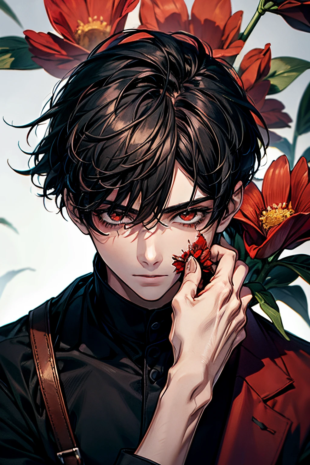 masterpiece, best quality, high quality, ultra detailed, black-haired boy with his face surrounded by bloody red flowers.