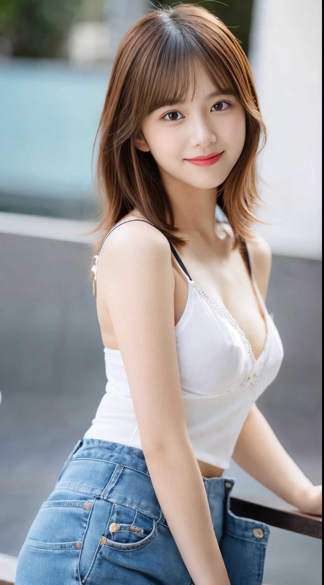 ulzzang -6500-v1.1, (Raw photo:1.2), (Photorealsitic),(Real: 1.4), masutepiece, Best Quality, Illustration, Ultra-detailed, finely detail, hight resolution, 8K Wallpaper, Perfect dynamic composition, Beautiful detailed eyes, Women's Fashion Summer,Medium Hair,Small breasts natural color lip, Bold sexy poses,Smile,Harajuku、20 years girl、Cute、Sexy shot looking at camera