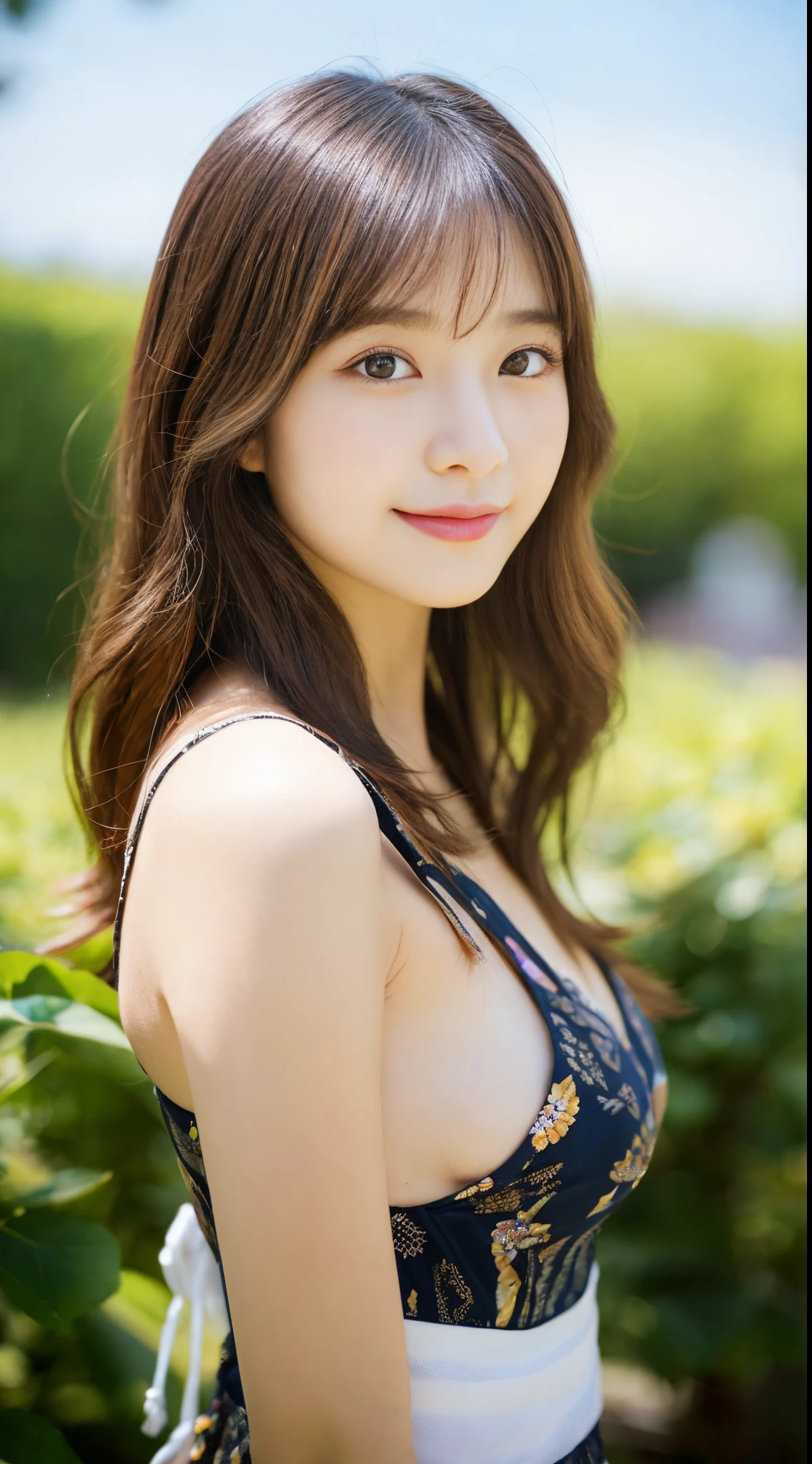 ulzzang -6500-v1.1, (Raw photo:1.2), (Photorealsitic),(Real: 1.4), masutepiece, Best Quality, Illustration, Ultra-detailed, finely detail, hight resolution, 8K Wallpaper, Perfect dynamic composition, Beautiful detailed eyes, Women's Fashion Summer,Medium Hair,Small breasts natural color lip, Bold sexy poses,Smile,Harajuku、20 years girl、Cute、Sexy shot looking at camera