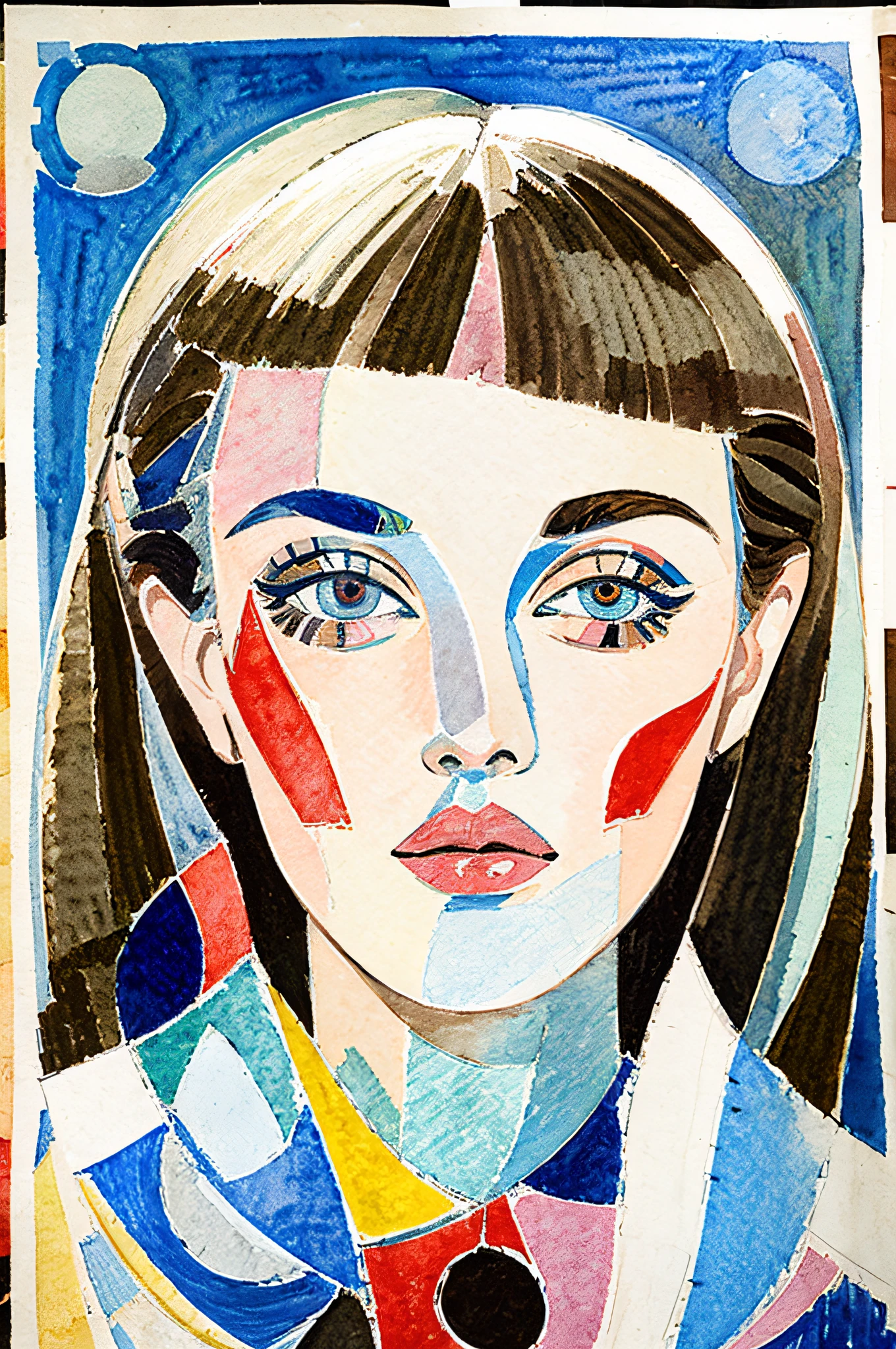 Sketched, watercolor paiting, Collage of Picasso and Robert Delaunay, cubism, Abstract, Cute daughter, big clear blue eyes, Little red cheeks, Blonde long-haired, Face-centric, Against the backdrop of newspapers and fashion magazines, Intricate Brushwork, high-level image quality, A breathtaking masterpiece