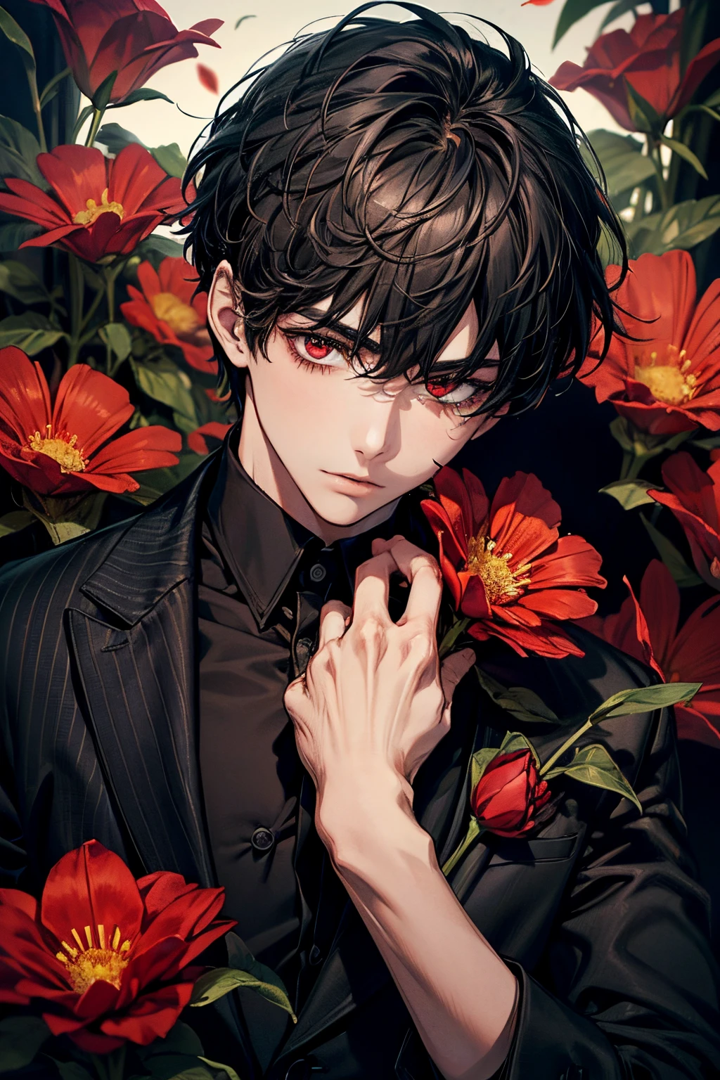 masterpiece, best quality, high quality, ultra detailed, black-haired boy with his face surrounded by bloody red flowers.